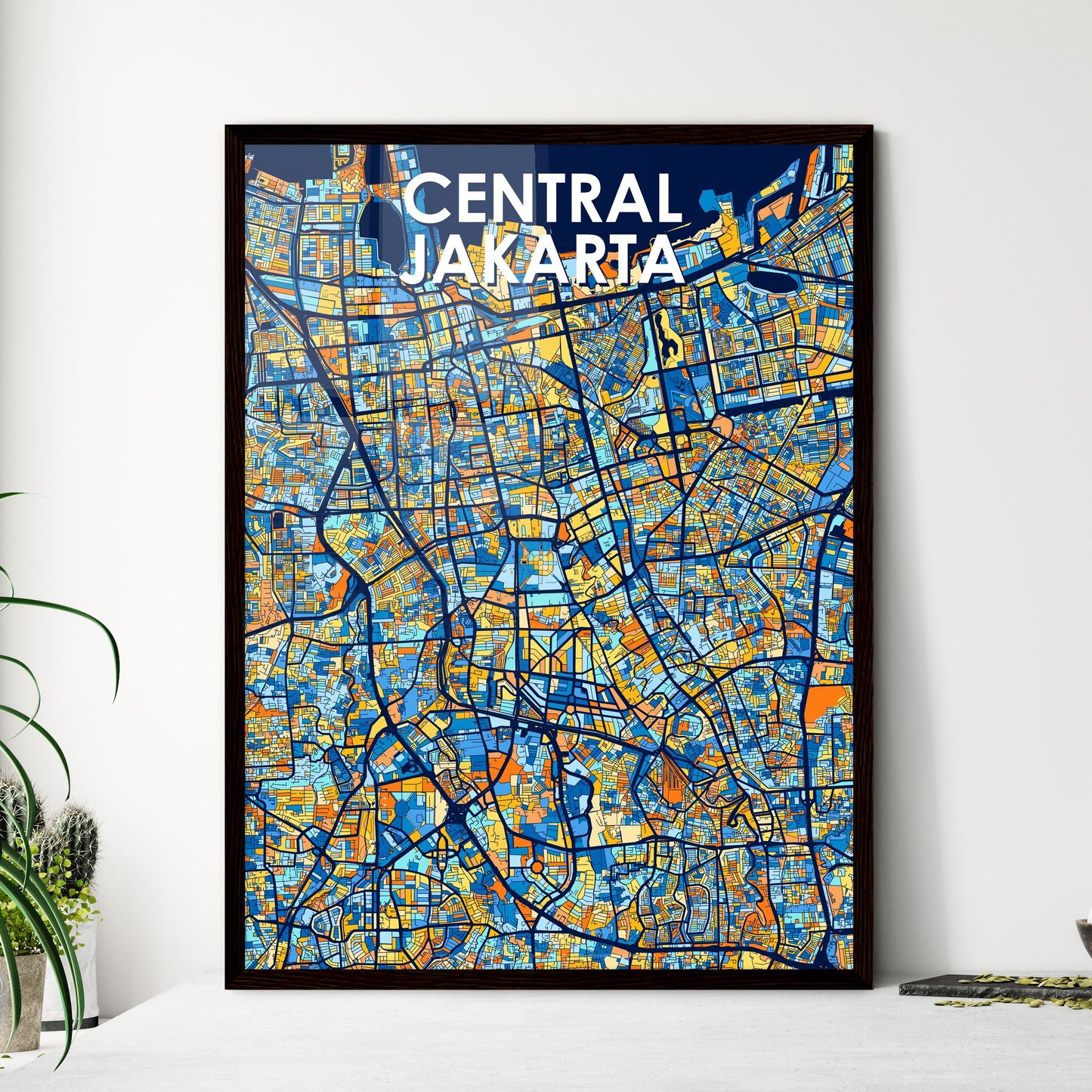 CENTRAL JAKARTA INDONESIA Vibrant Colorful Art Map Poster Blue Orange