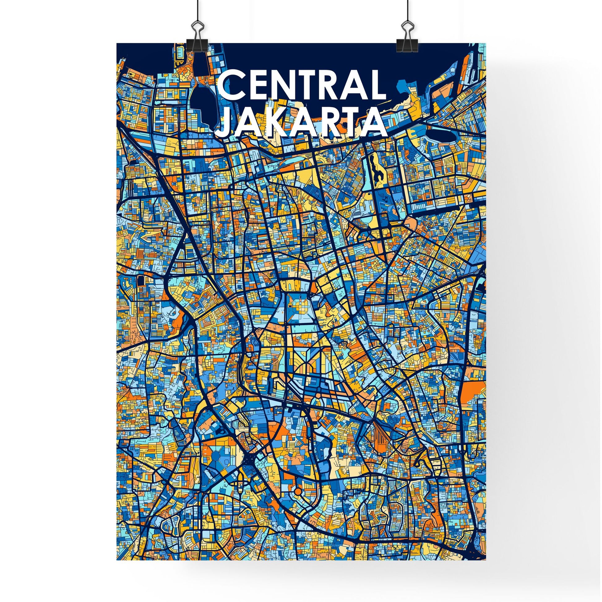 CENTRAL JAKARTA INDONESIA Vibrant Colorful Art Map Poster Blue Orange