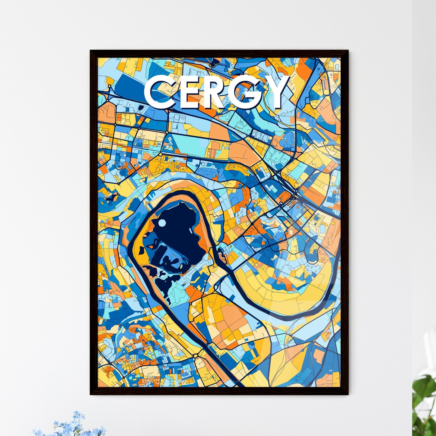 CERGY FRANCE Vibrant Colorful Art Map Poster Blue Orange