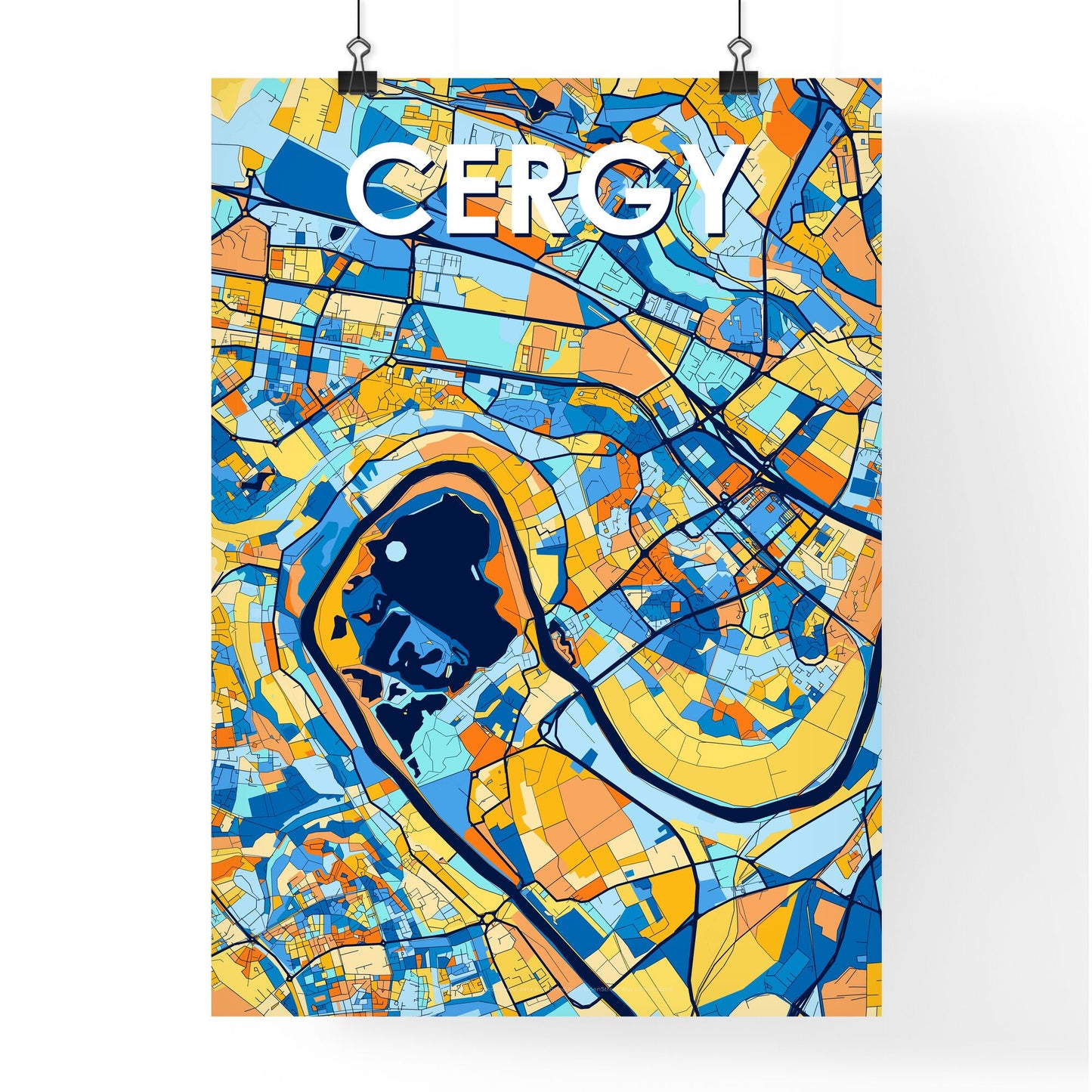 CERGY FRANCE Vibrant Colorful Art Map Poster Blue Orange