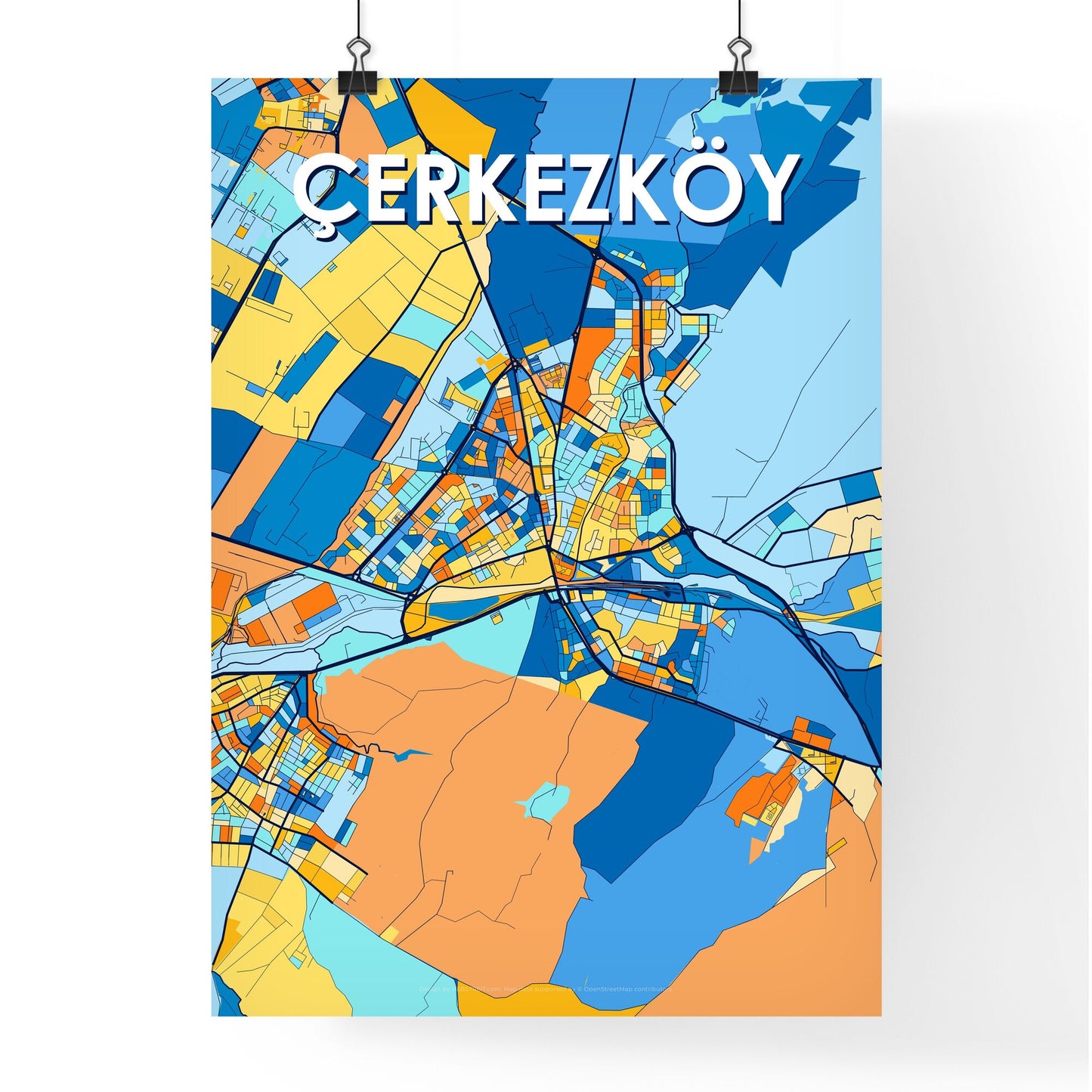 ÇERKEZKÖY TURKEY Vibrant Colorful Art Map Poster Blue Orange