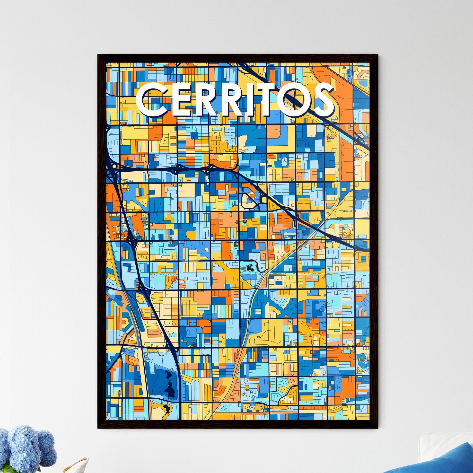 CERRITOS CALIFORNIA Vibrant Colorful Art Map Poster Blue Orange