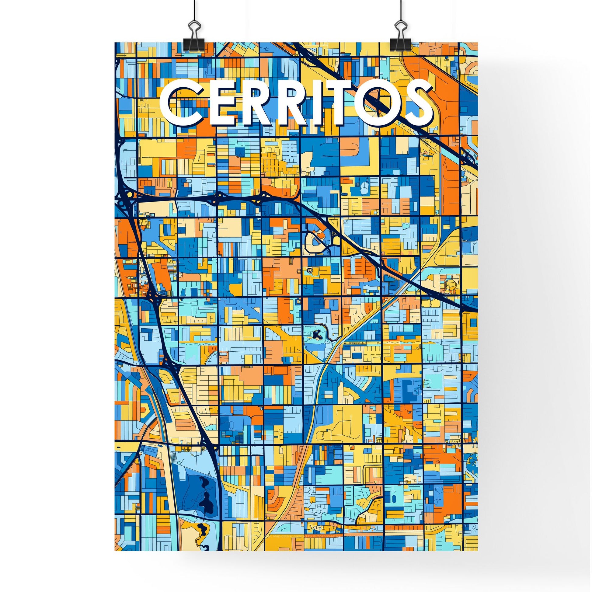 CERRITOS CALIFORNIA Vibrant Colorful Art Map Poster Blue Orange