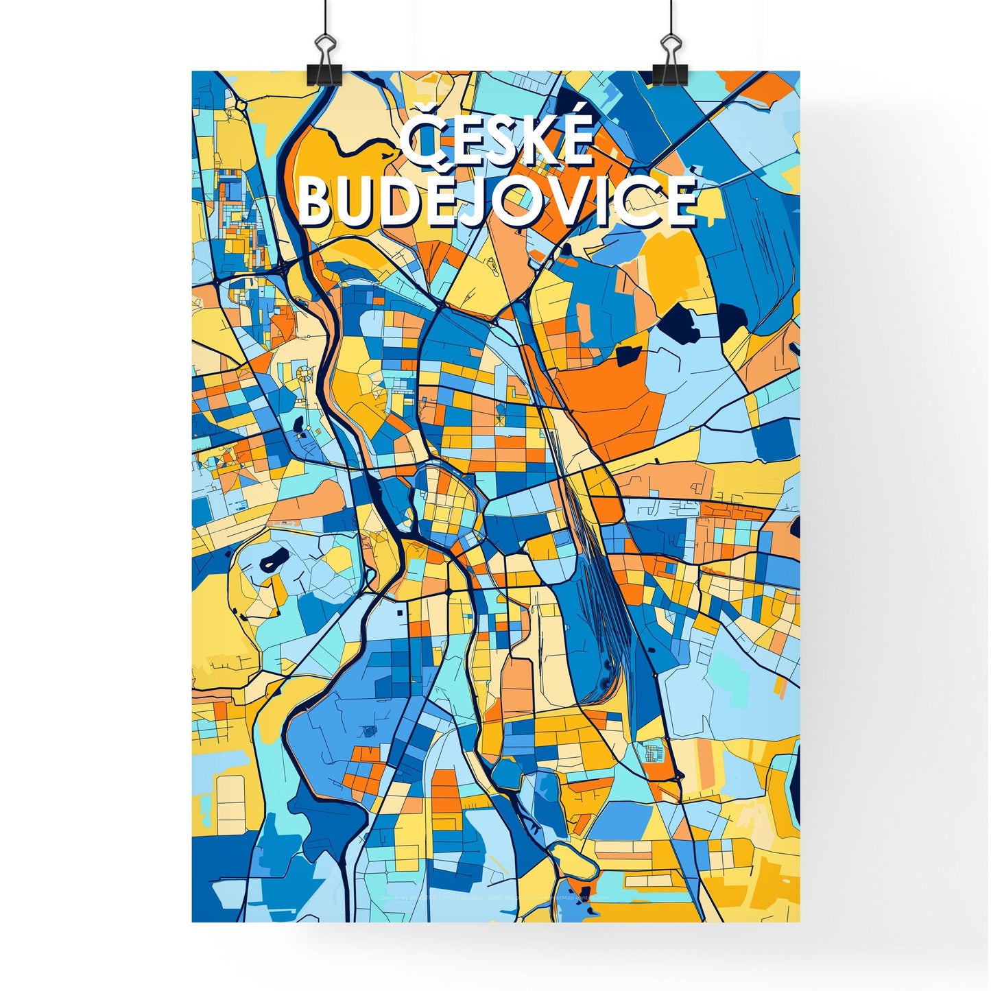 ČESKÉ BUDĚJOVICE CZECHIA Vibrant Colorful Art Map Poster Blue Orange