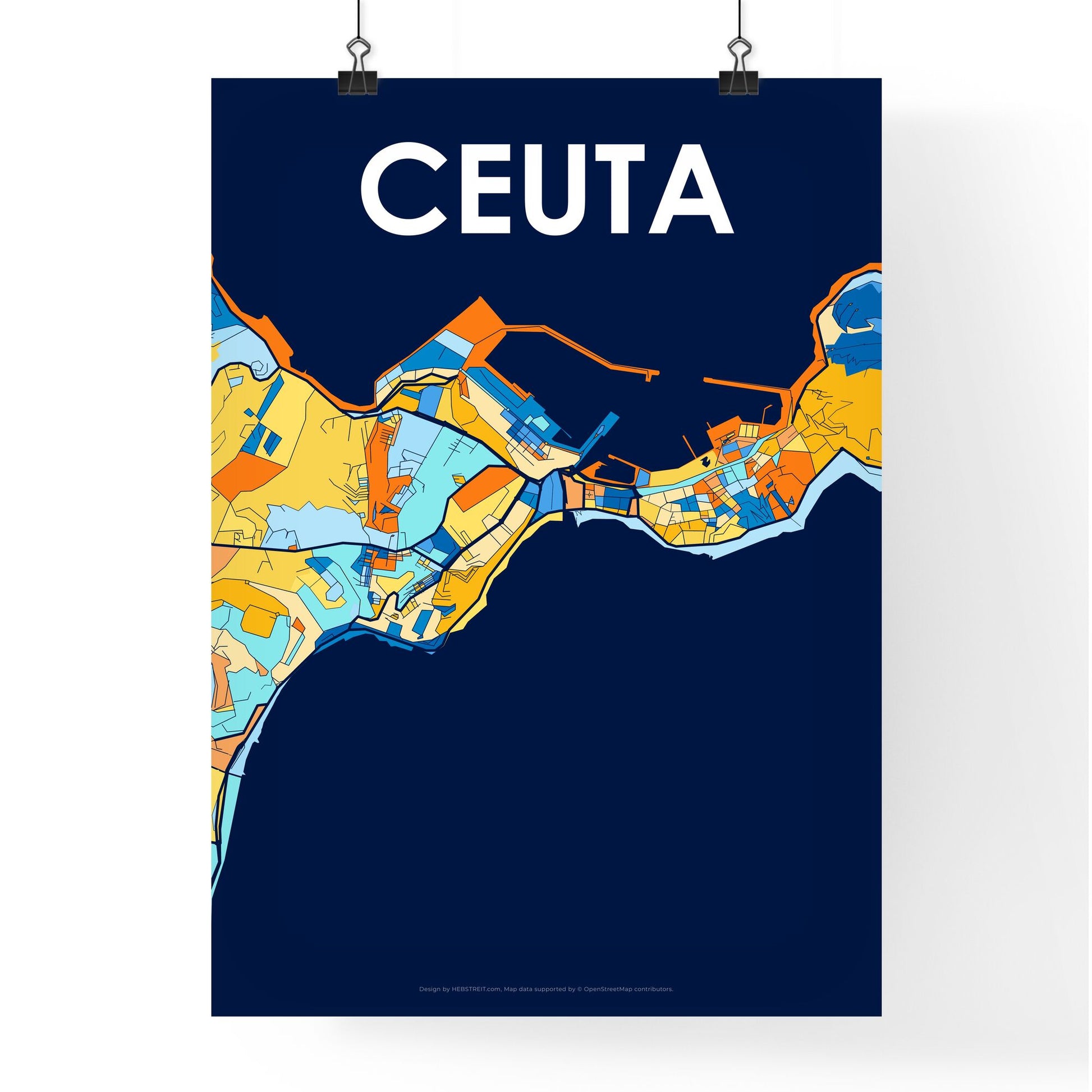 CEUTA SPAIN Vibrant Colorful Art Map Poster Blue Orange