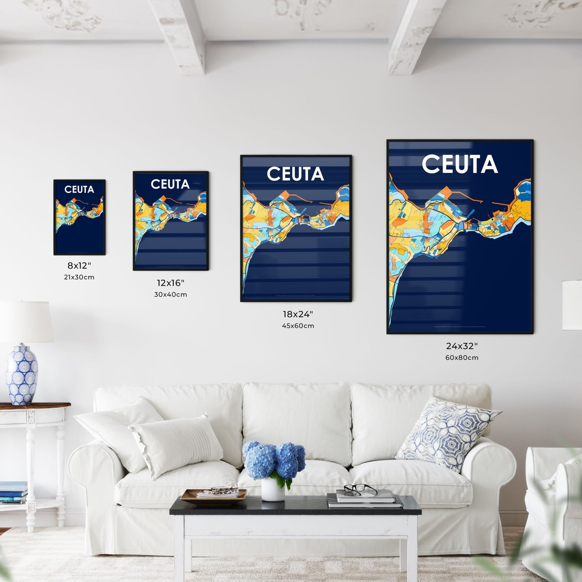 CEUTA SPAIN Vibrant Colorful Art Map Poster Blue Orange