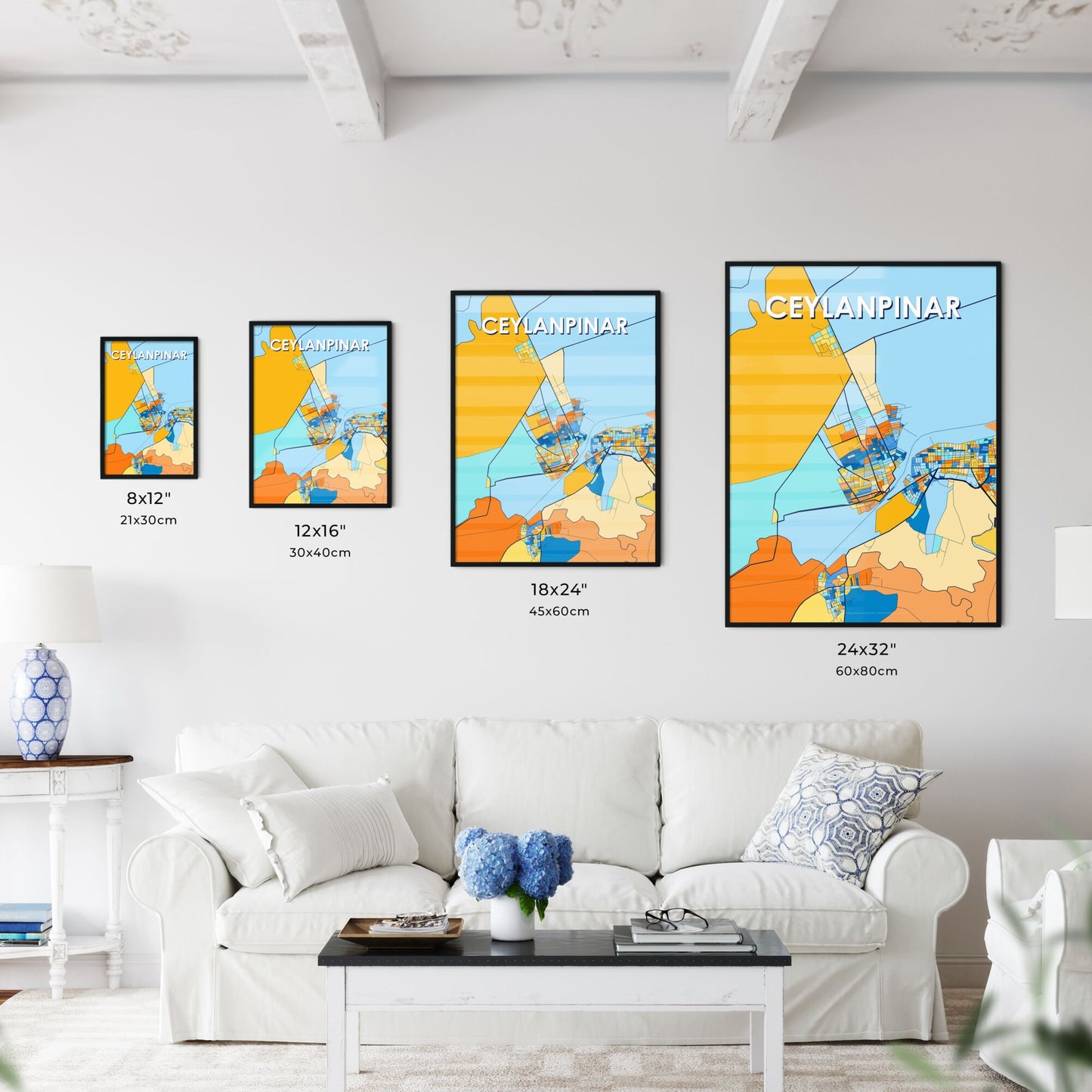 CEYLANPINAR TURKEY Vibrant Colorful Art Map Poster Blue Orange