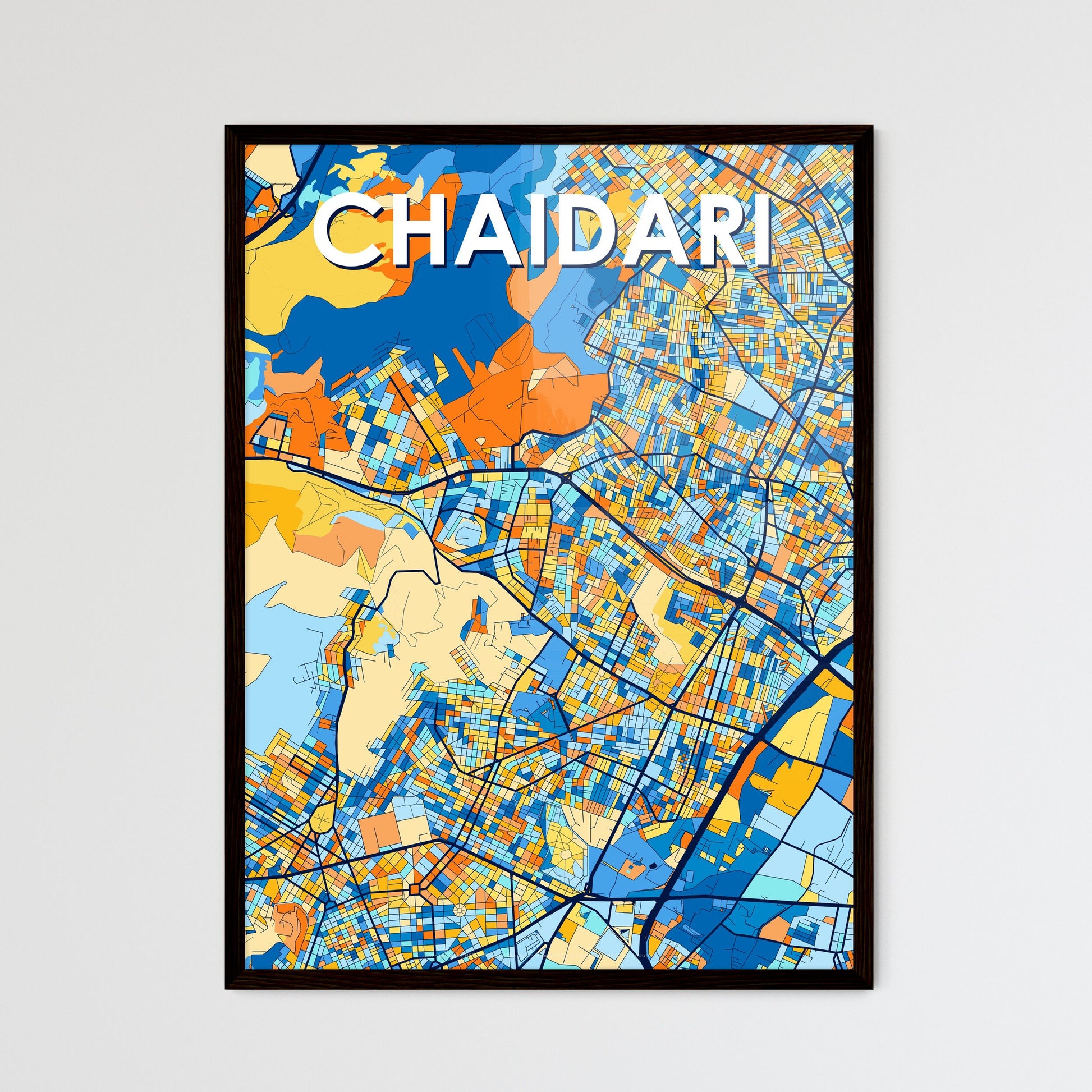 CHAIDARI GREECE Vibrant Colorful Art Map Poster Blue Orange