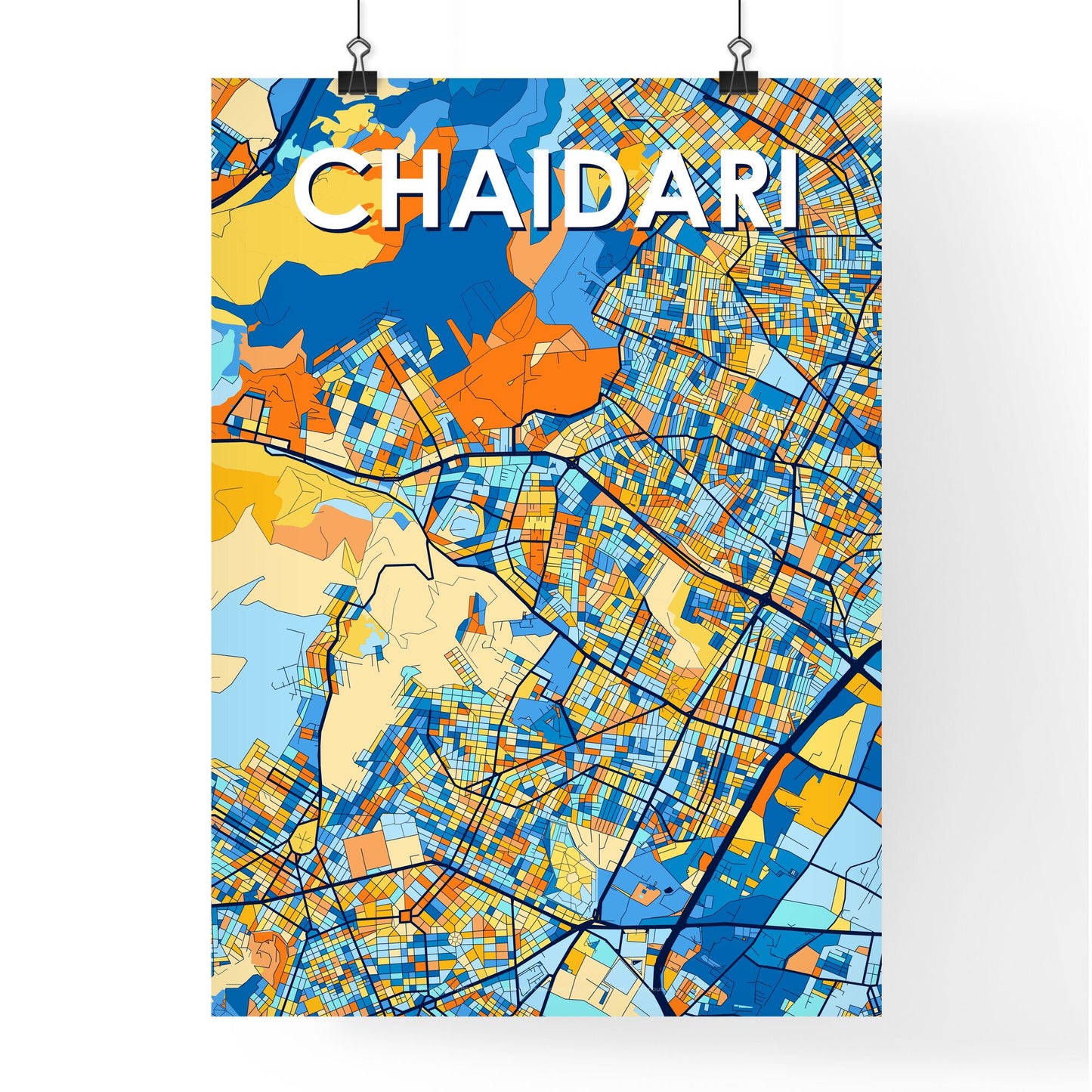 CHAIDARI GREECE Vibrant Colorful Art Map Poster Blue Orange