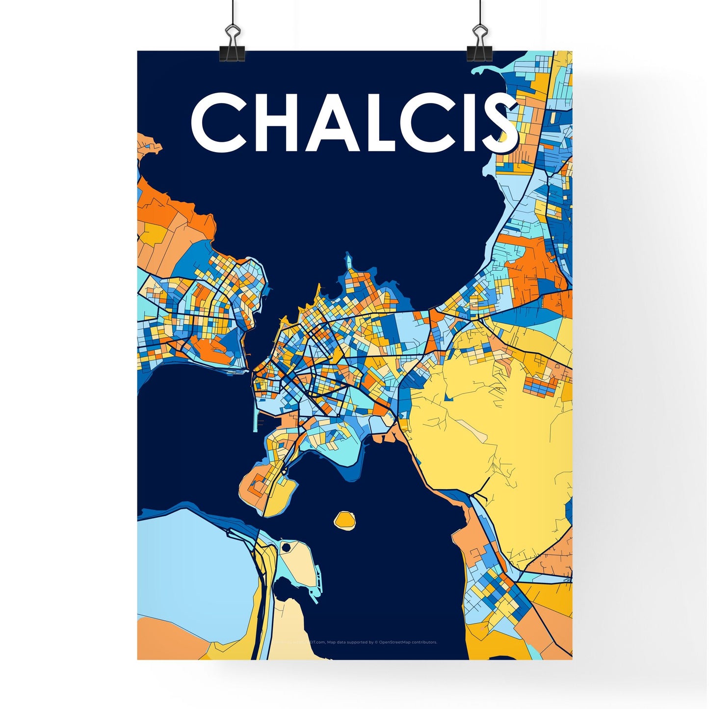 CHALCIS GREECE Vibrant Colorful Art Map Poster Blue Orange