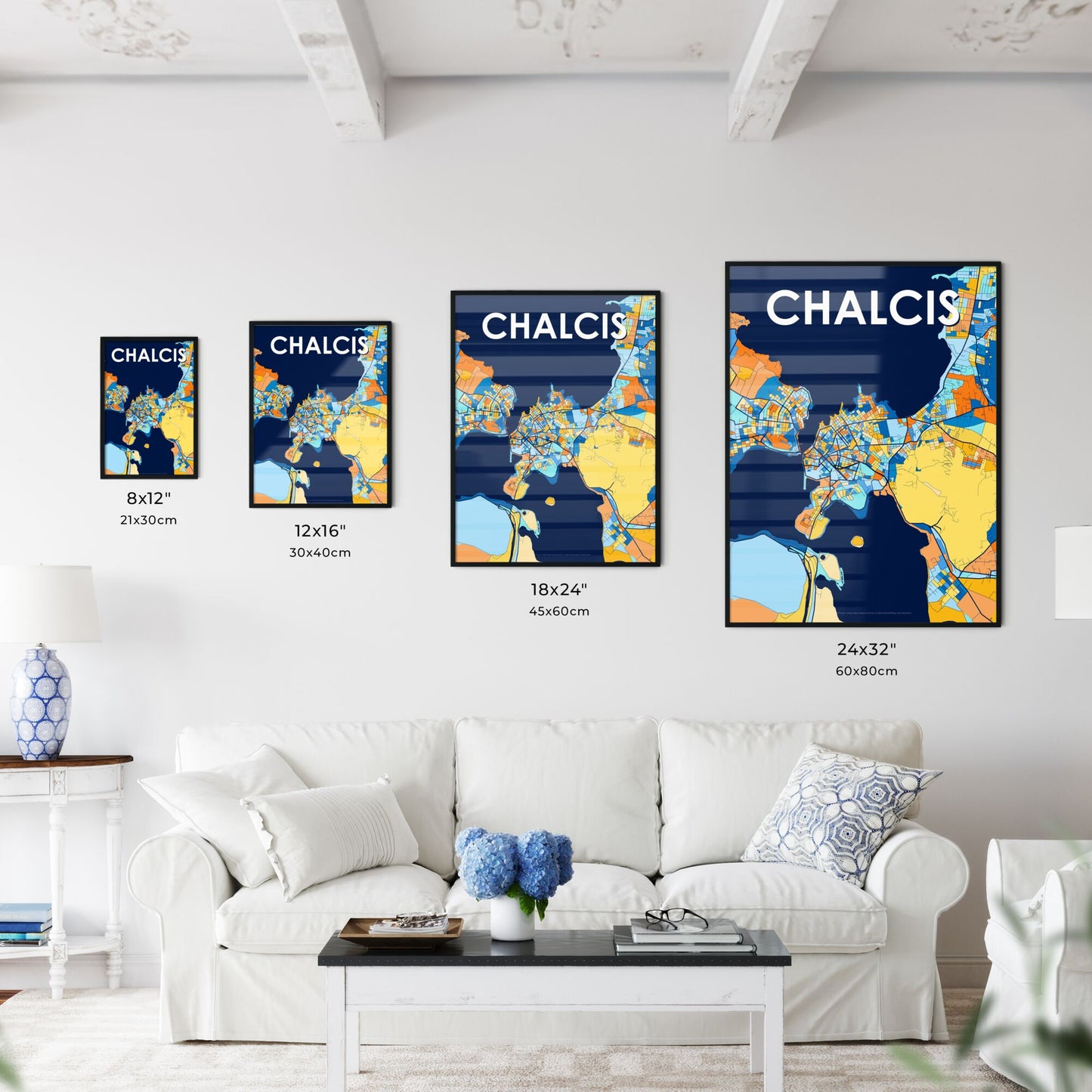 CHALCIS GREECE Vibrant Colorful Art Map Poster Blue Orange