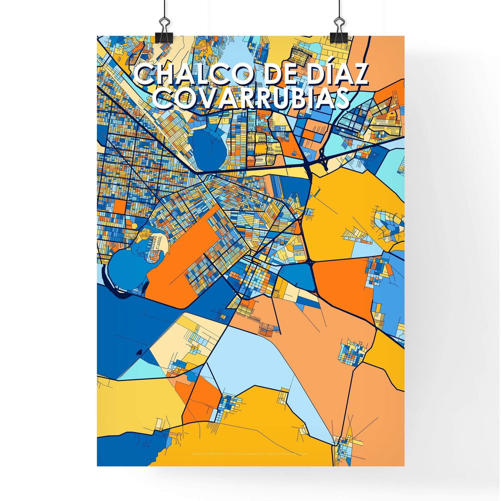 CHALCO DE DÍAZ COVARRUBIAS MEXICO Vibrant Colorful Art Map Poster Blue Orange