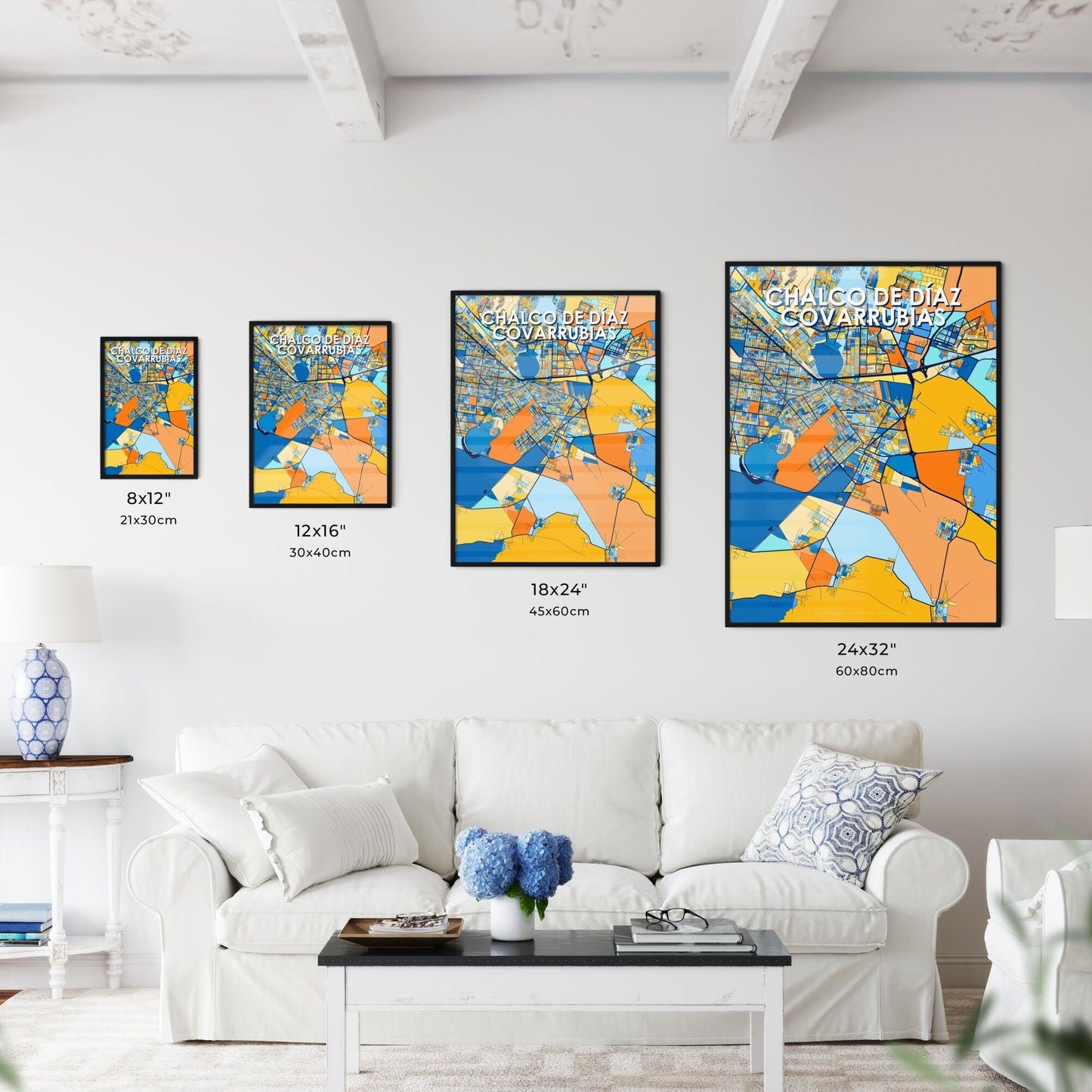 CHALCO DE DÍAZ COVARRUBIAS MEXICO Vibrant Colorful Art Map Poster Blue Orange