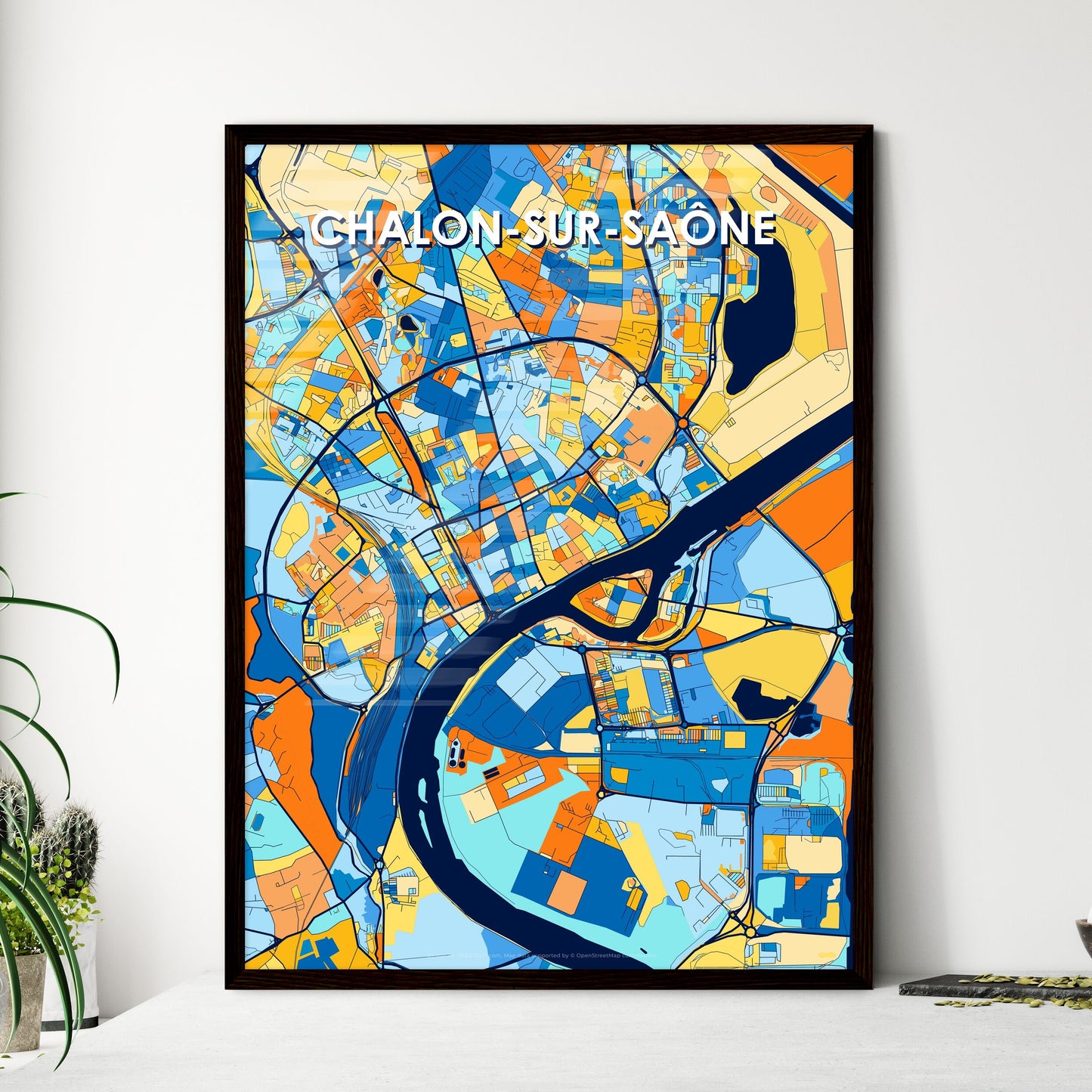 CHALON-SUR-SAÔNE FRANCE Vibrant Colorful Art Map Poster Blue Orange