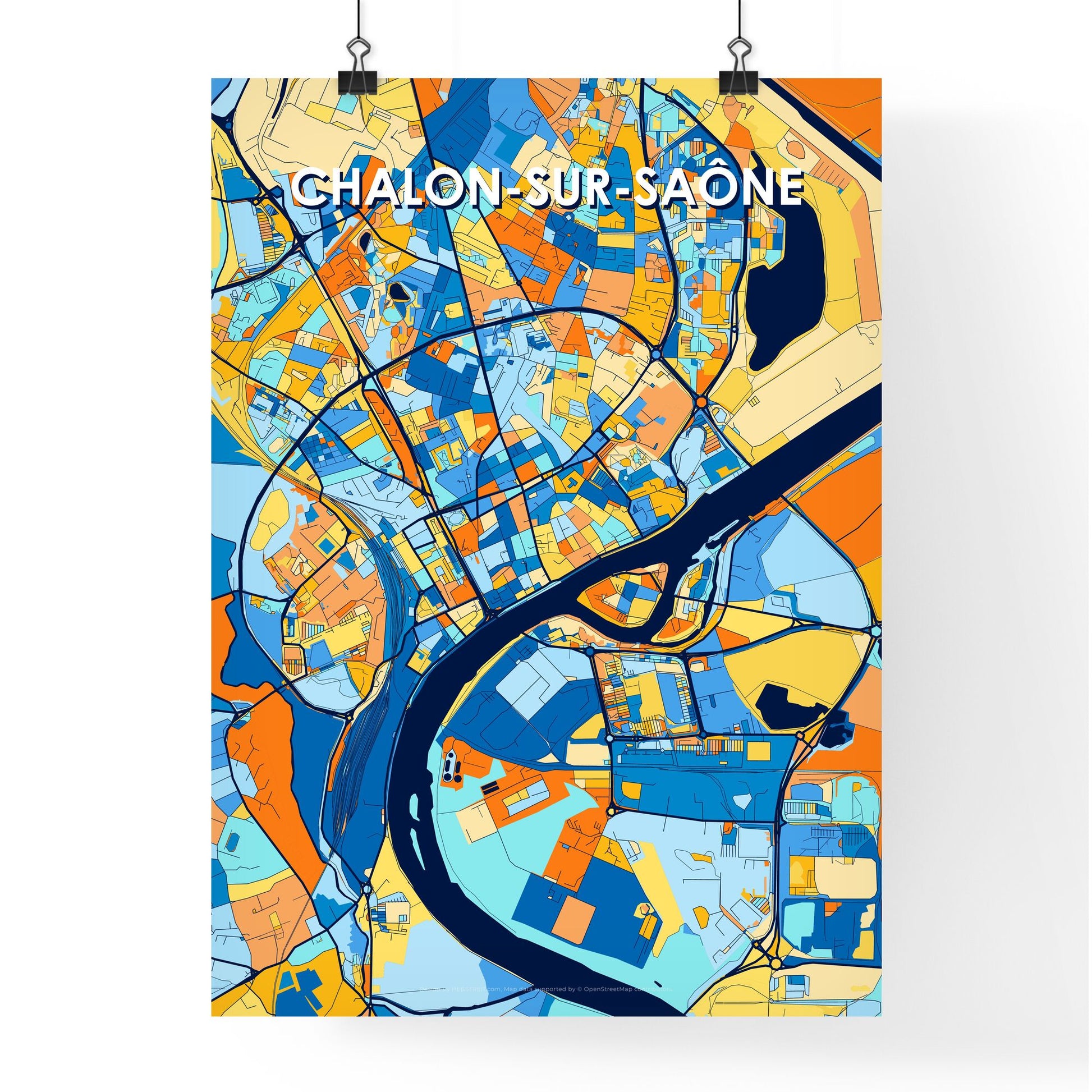 CHALON-SUR-SAÔNE FRANCE Vibrant Colorful Art Map Poster Blue Orange