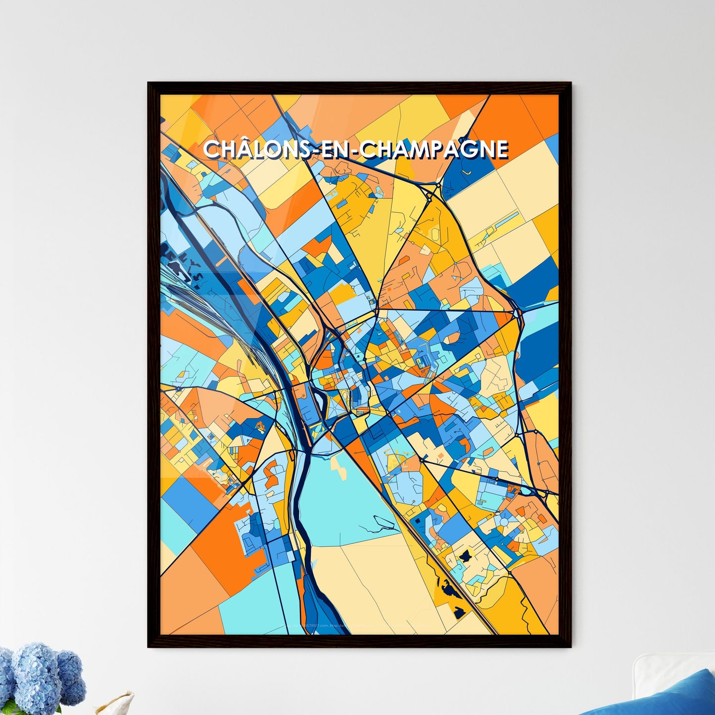 CHÂLONS-EN-CHAMPAGNE FRANCE Vibrant Colorful Art Map Poster Blue Orange