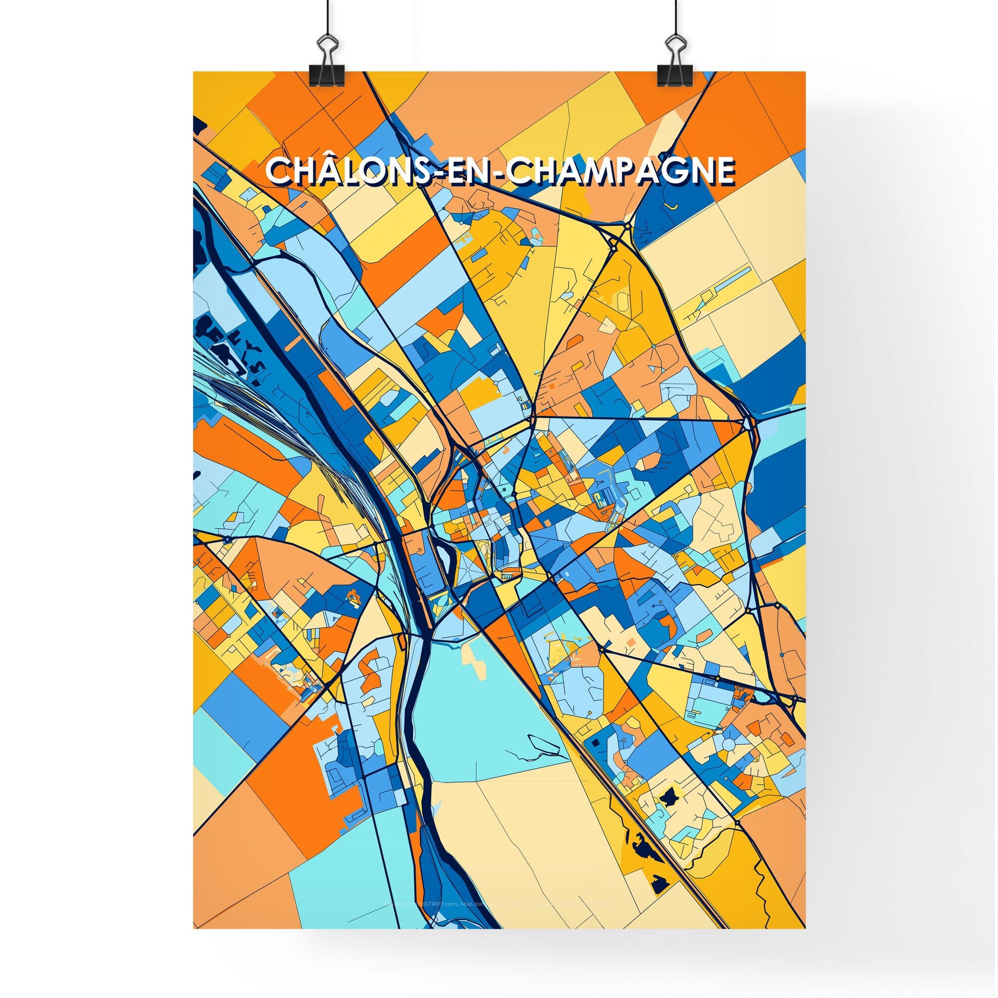 CHÂLONS-EN-CHAMPAGNE FRANCE Vibrant Colorful Art Map Poster Blue Orange