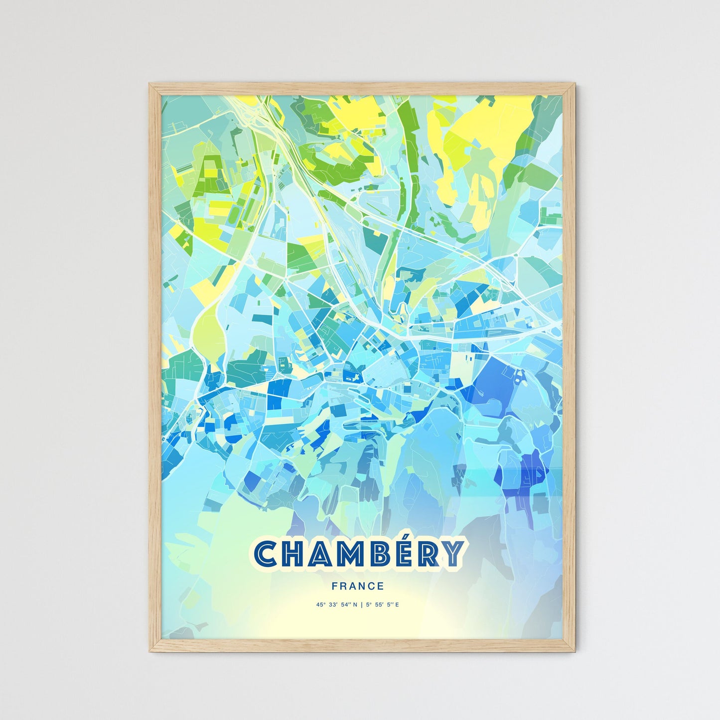 Colorful Chambéry France Fine Art Map Cool Blue