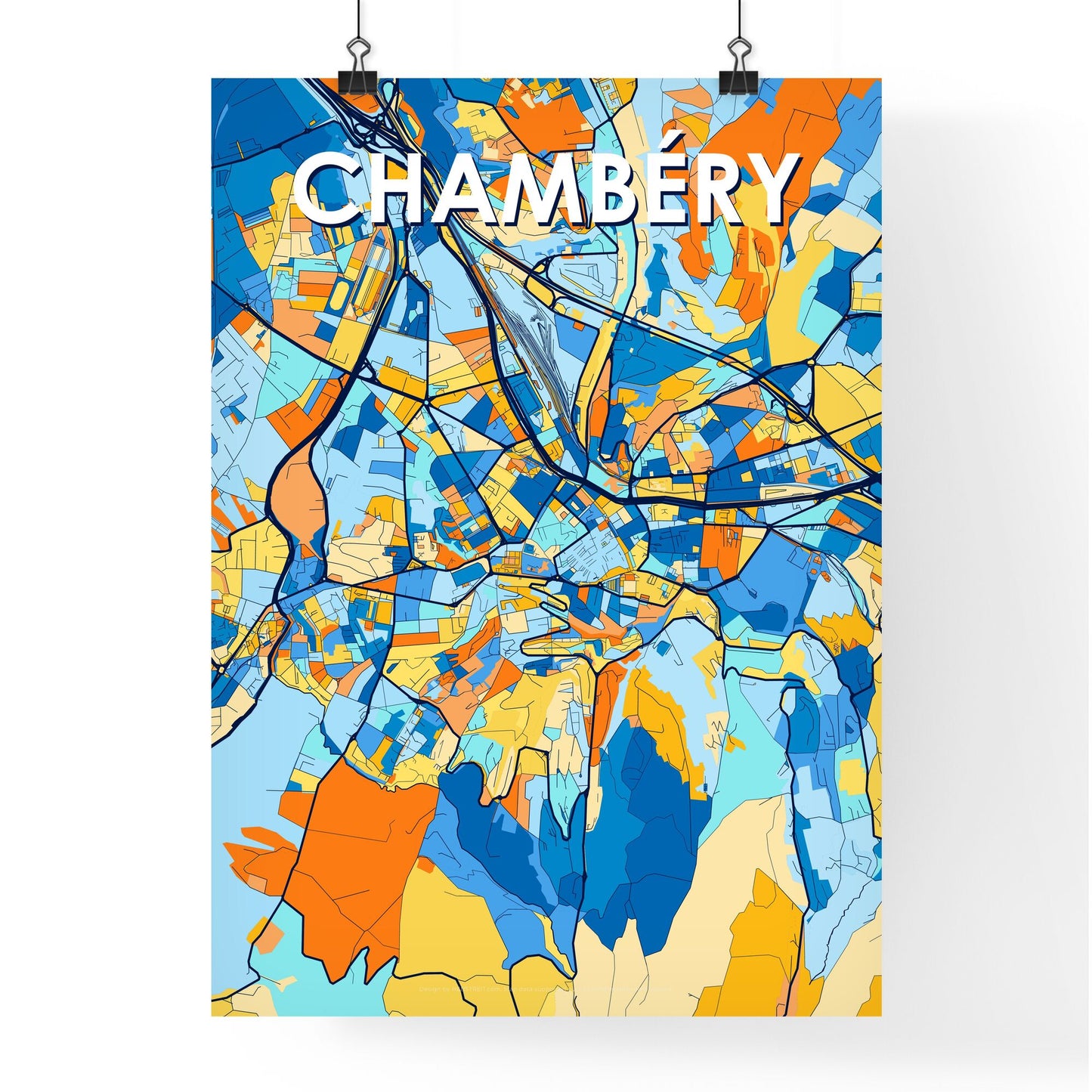 CHAMBÉRY FRANCE Vibrant Colorful Art Map Poster Blue Orange