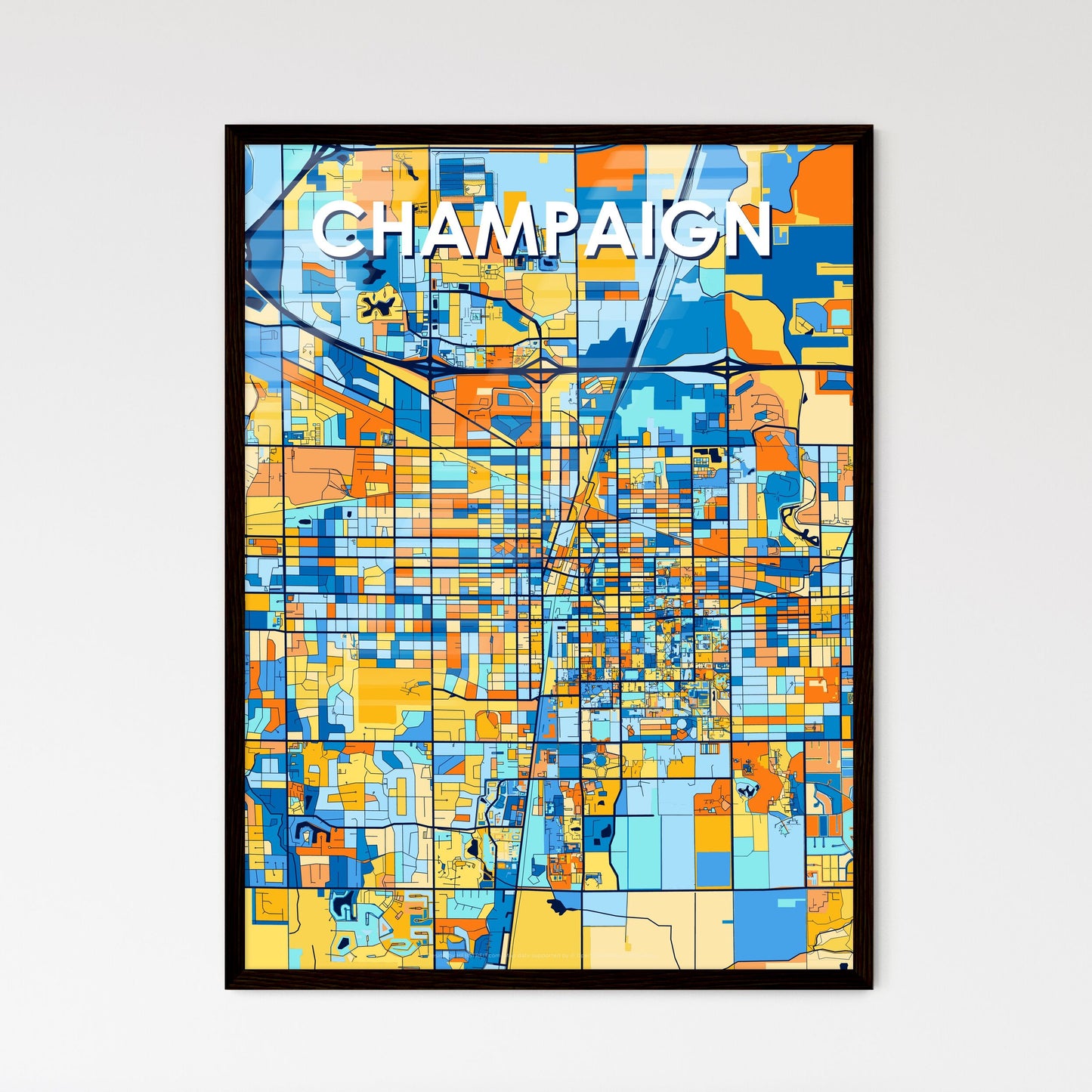 CHAMPAIGN ILLINOIS Vibrant Colorful Art Map Poster Blue Orange