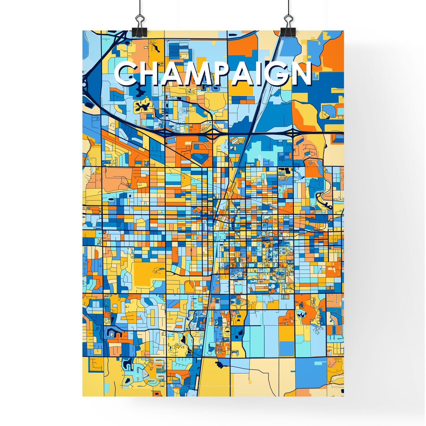 CHAMPAIGN ILLINOIS Vibrant Colorful Art Map Poster Blue Orange