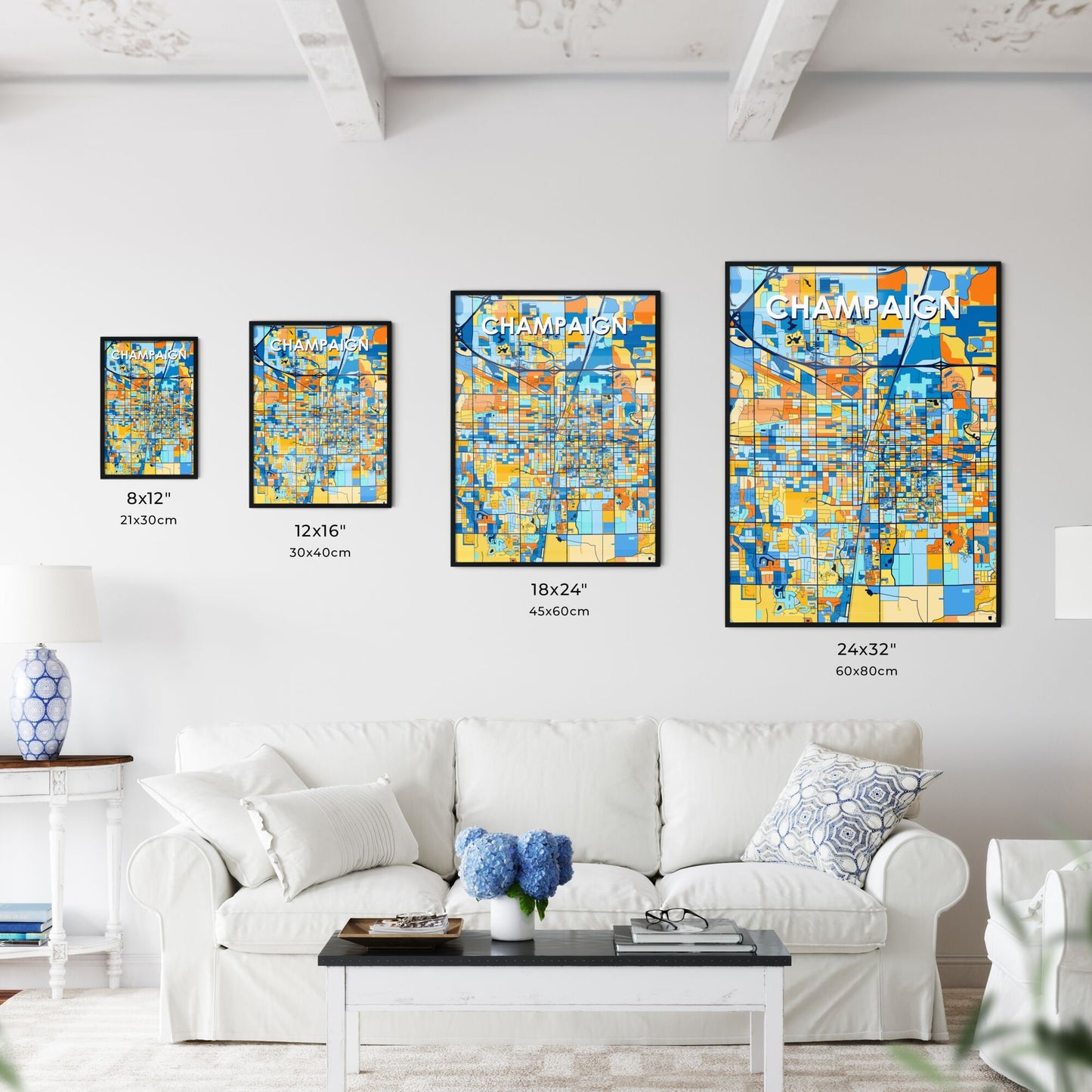 CHAMPAIGN ILLINOIS Vibrant Colorful Art Map Poster Blue Orange