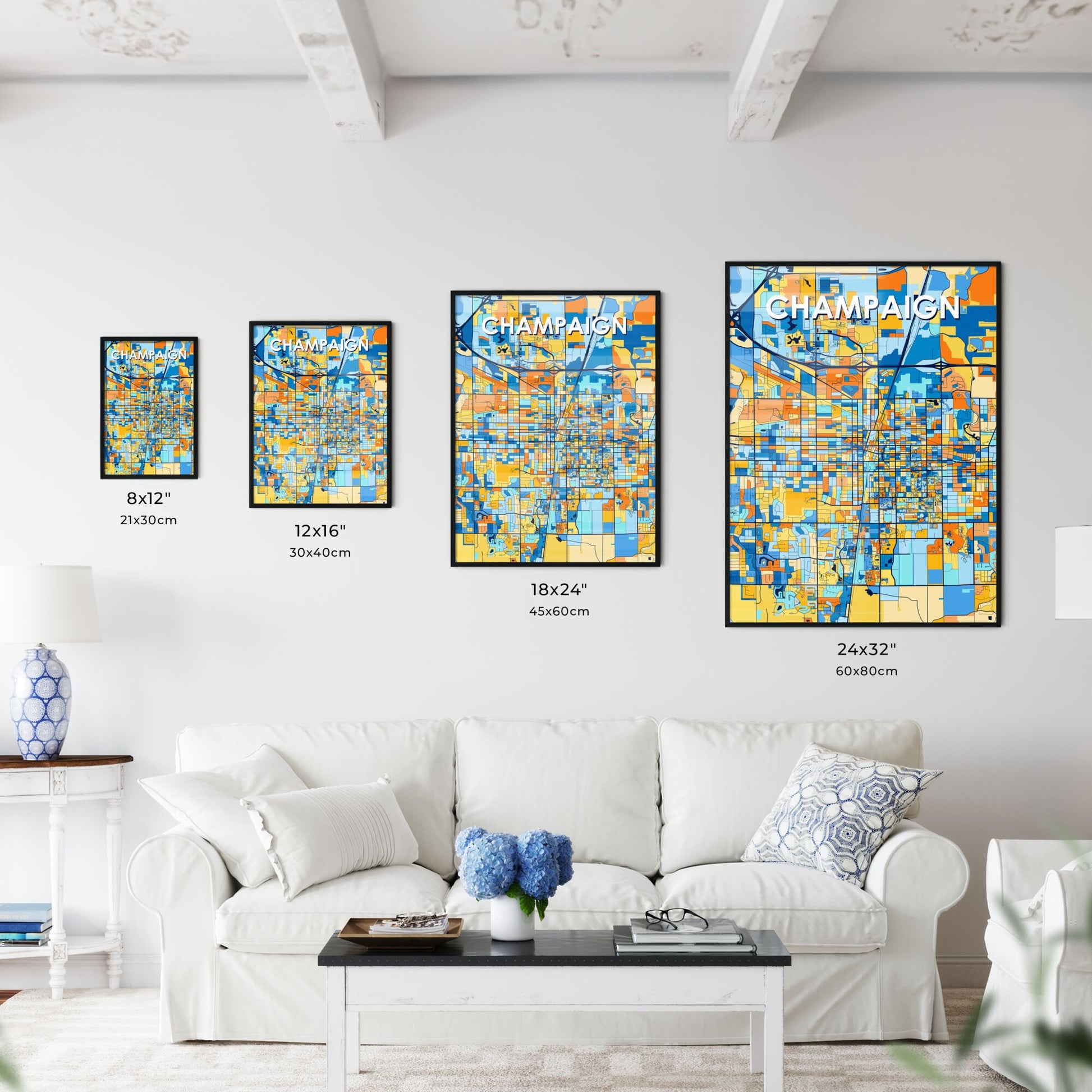 CHAMPAIGN ILLINOIS Vibrant Colorful Art Map Poster Blue Orange