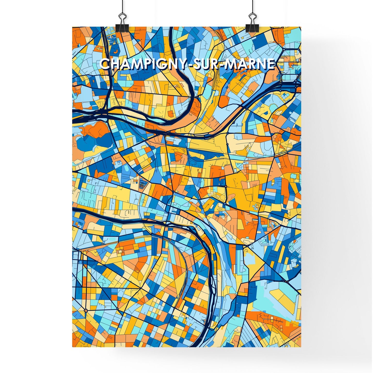 CHAMPIGNY-SUR-MARNE FRANCE Vibrant Colorful Art Map Poster Blue Orange