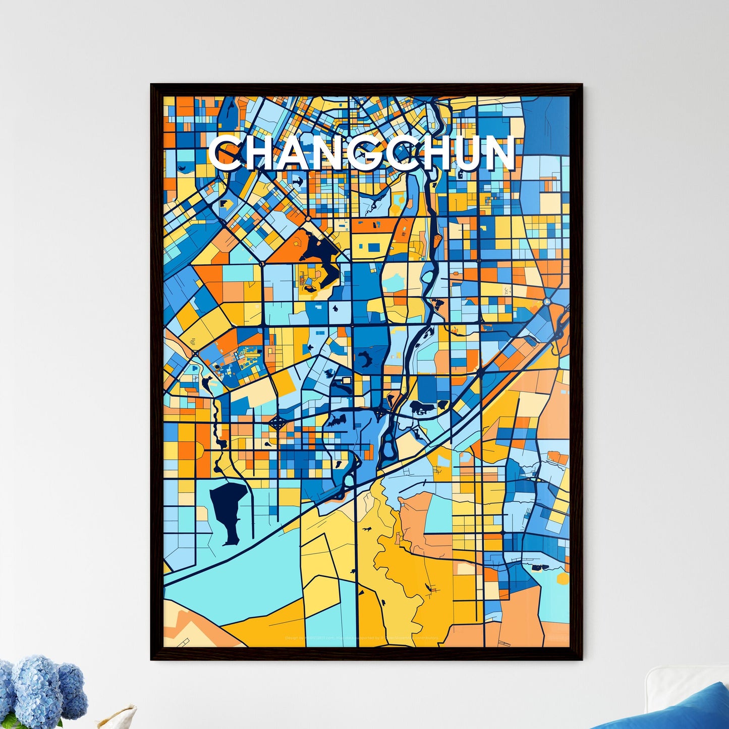 CHANGCHUN CHINA Vibrant Colorful Art Map Poster Blue Orange