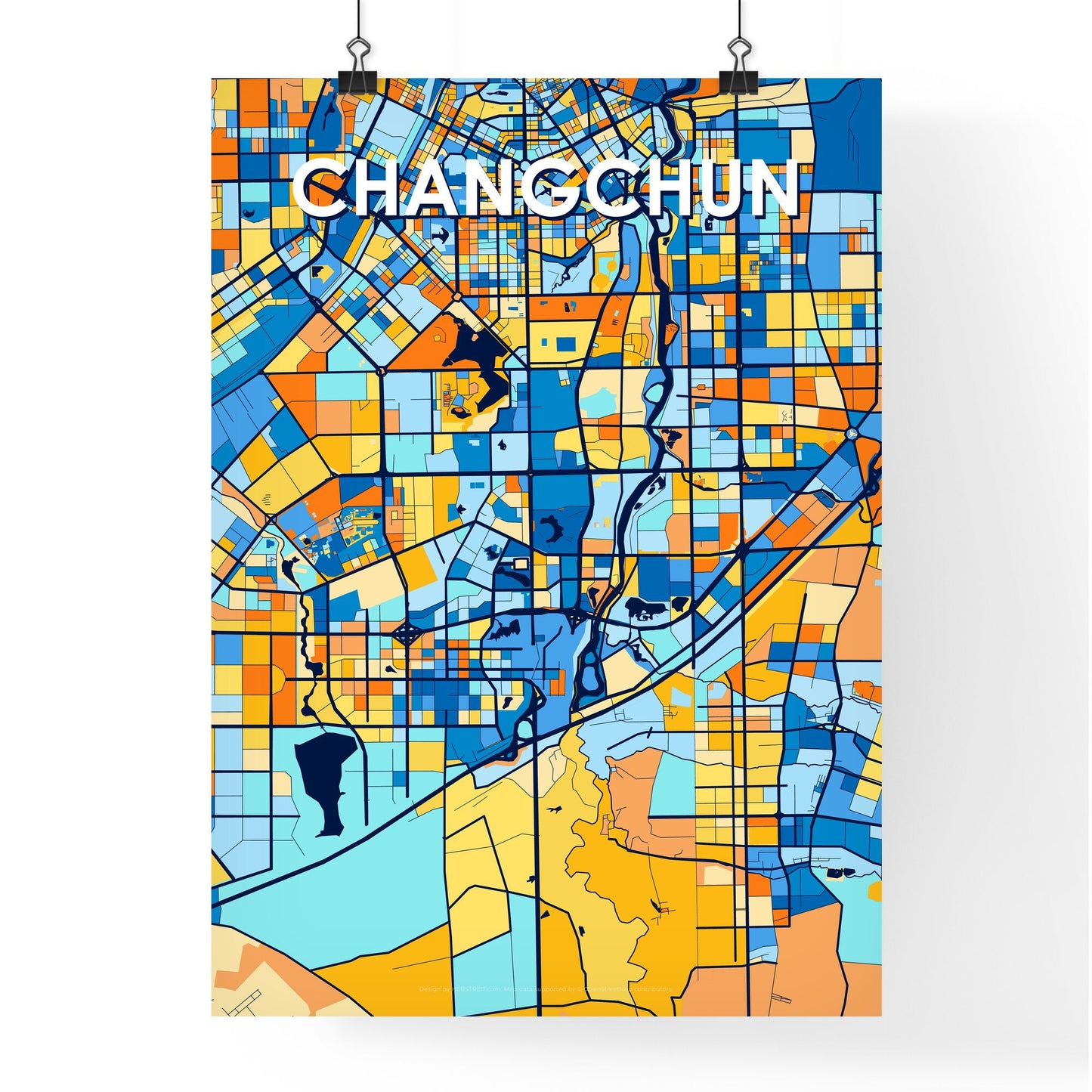 CHANGCHUN CHINA Vibrant Colorful Art Map Poster Blue Orange