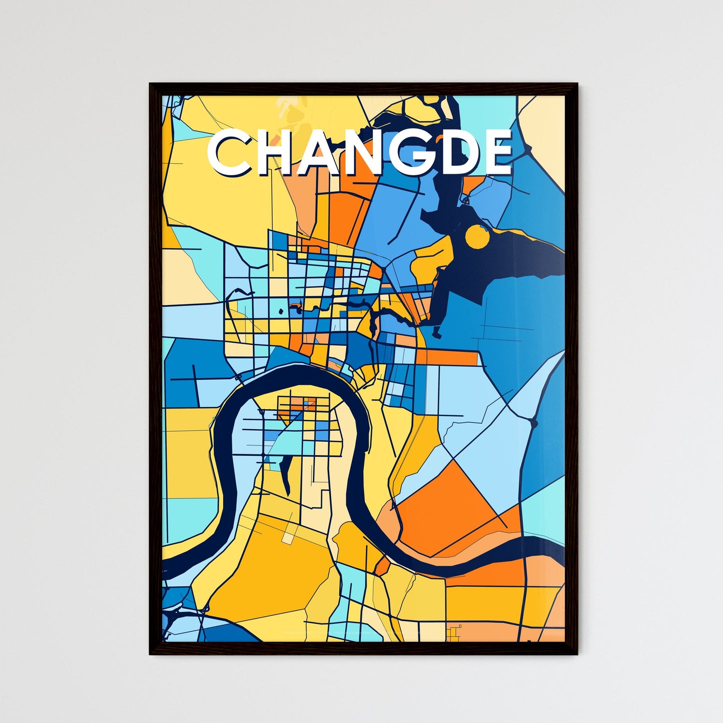 CHANGDE CHINA Vibrant Colorful Art Map Poster Blue Orange