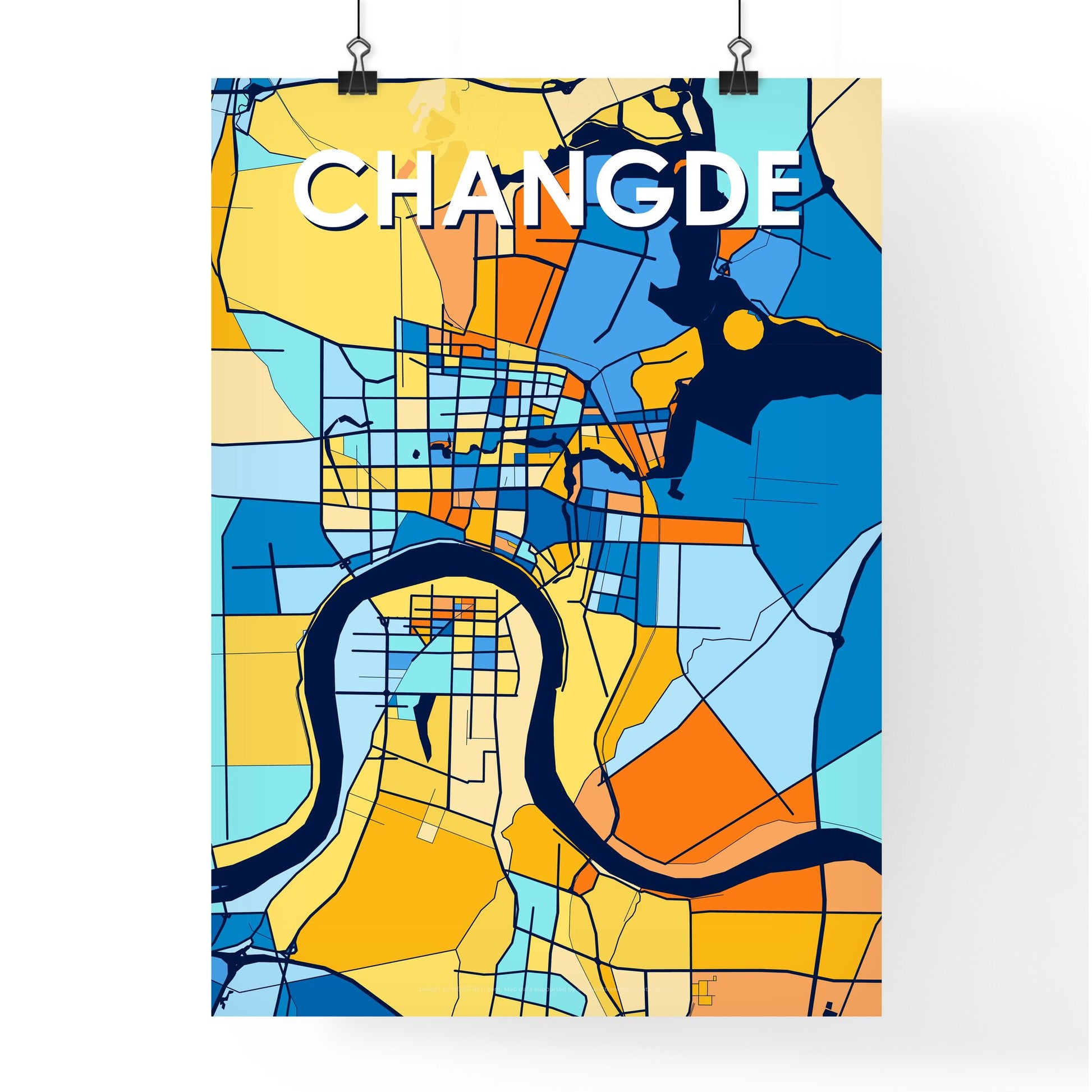 CHANGDE CHINA Vibrant Colorful Art Map Poster Blue Orange