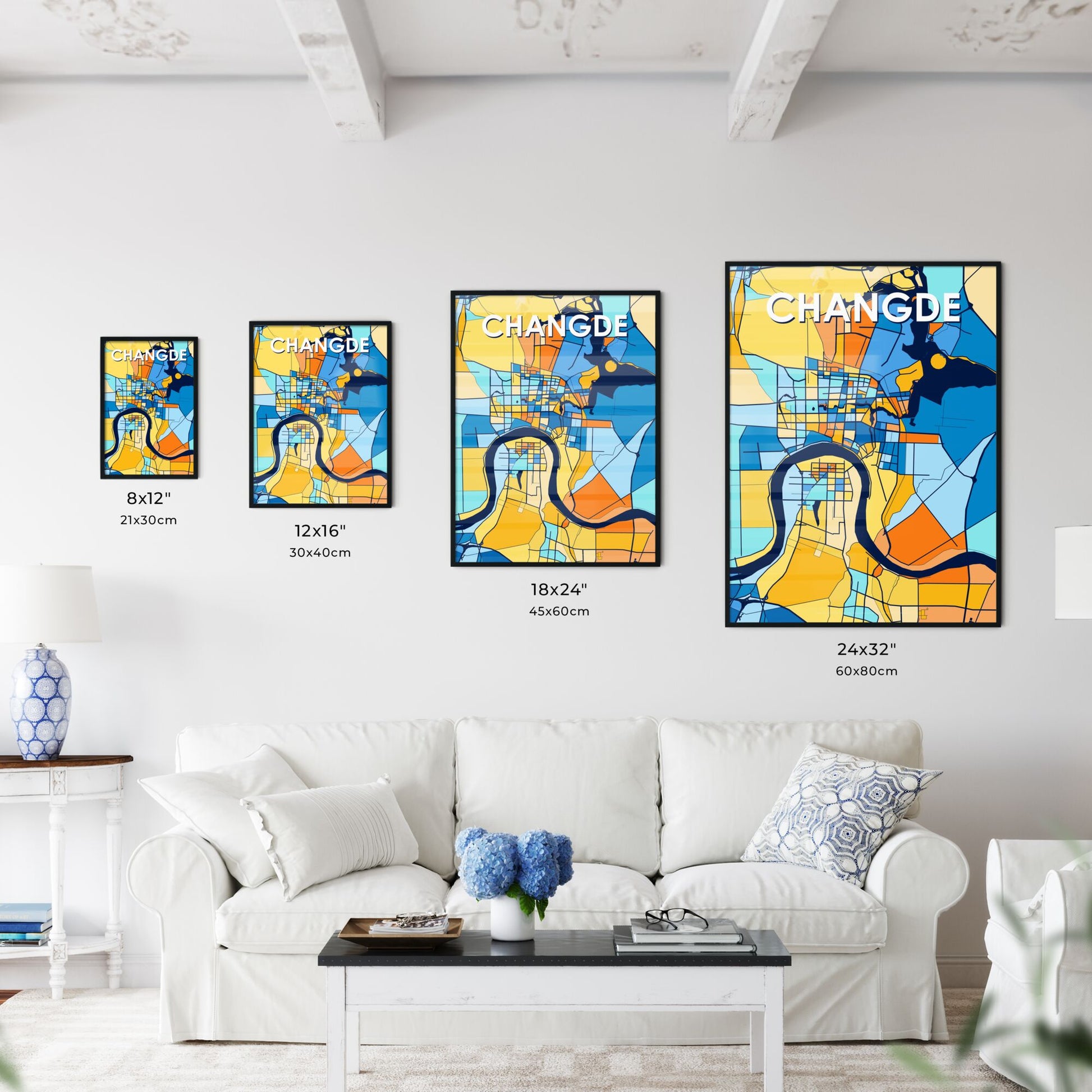 CHANGDE CHINA Vibrant Colorful Art Map Poster Blue Orange