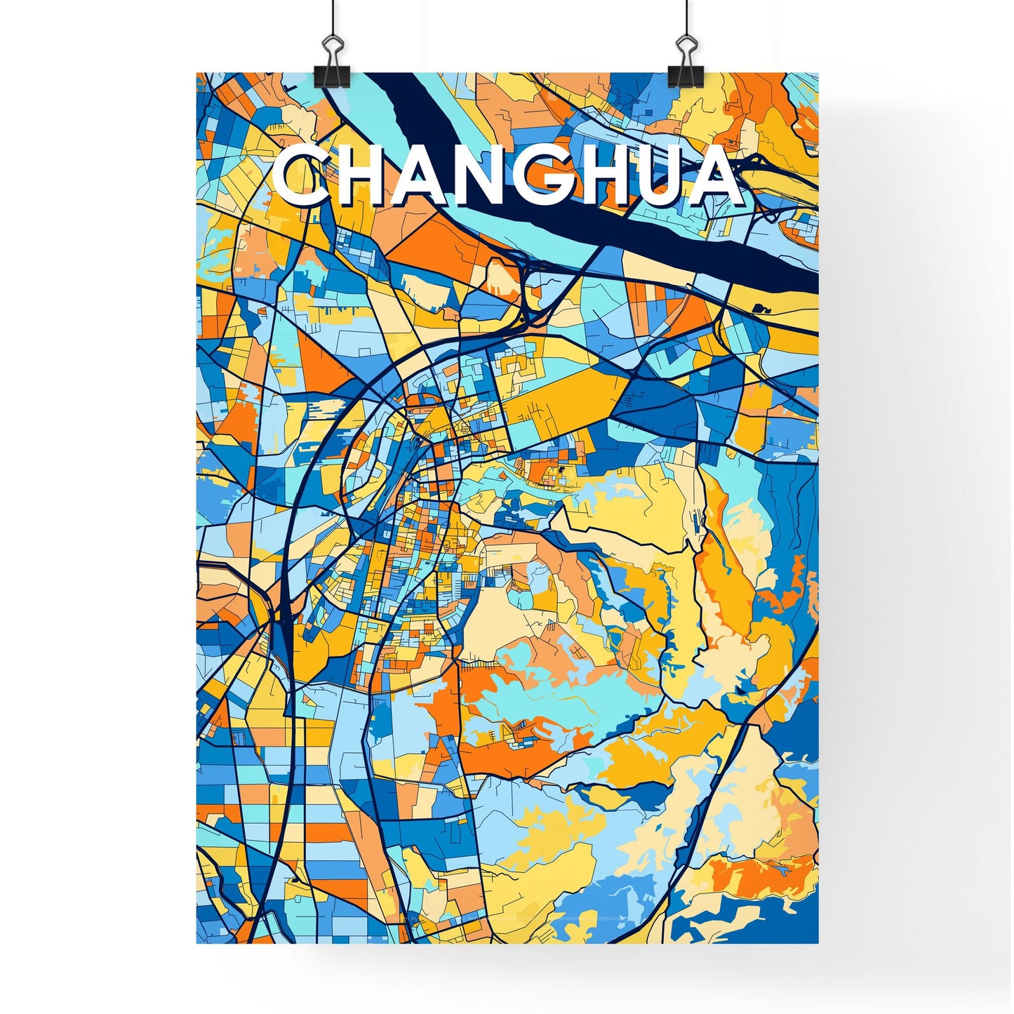 CHANGHUA TAIWAN Vibrant Colorful Art Map Poster Blue Orange