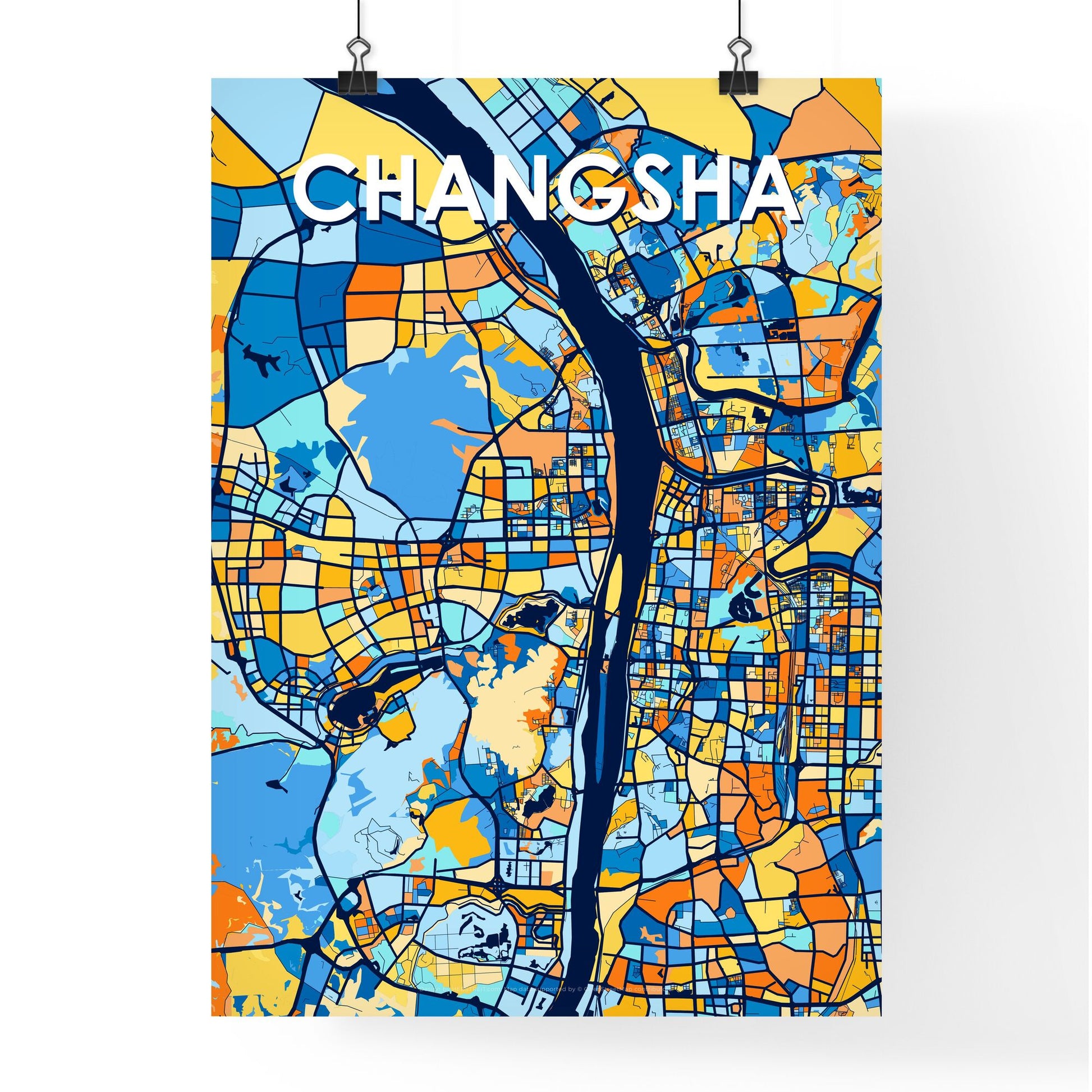 CHANGSHA CHINA Vibrant Colorful Art Map Poster Blue Orange