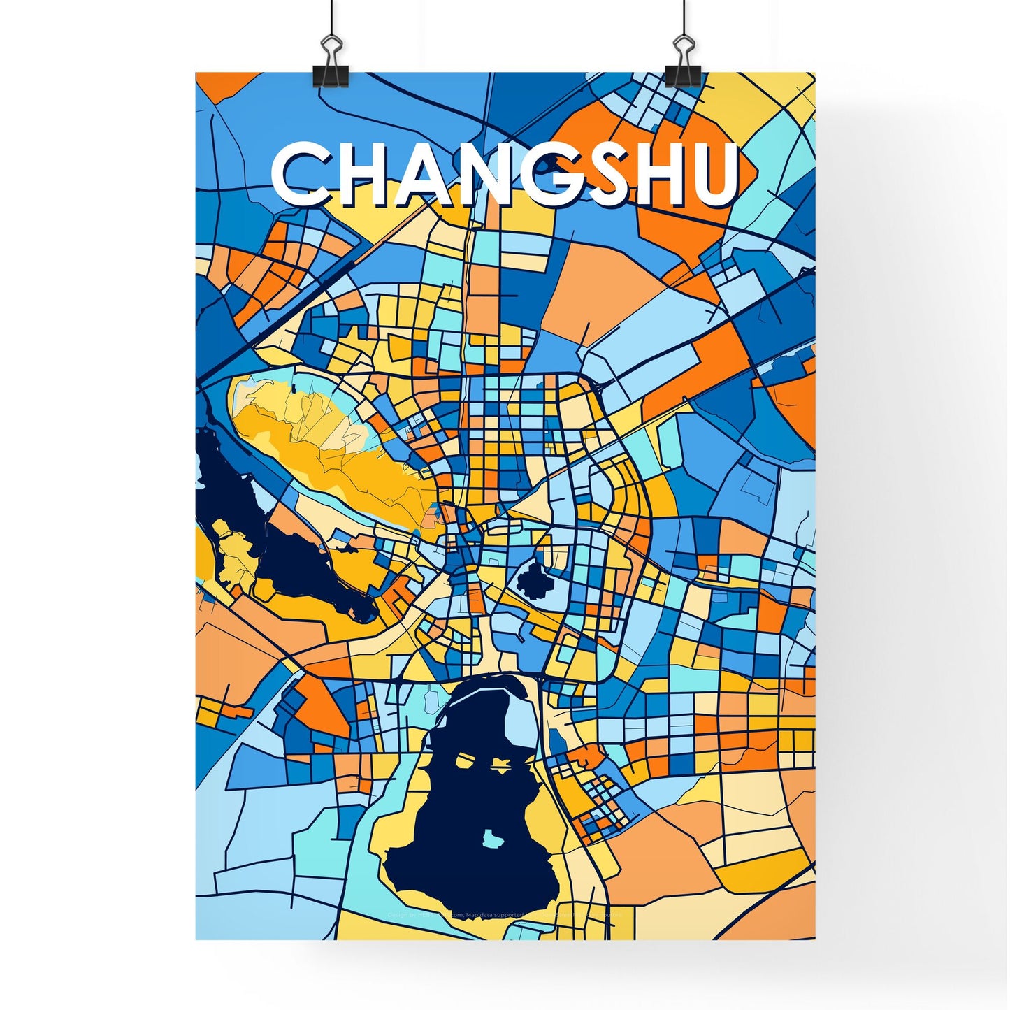 CHANGSHU CHINA Vibrant Colorful Art Map Poster Blue Orange