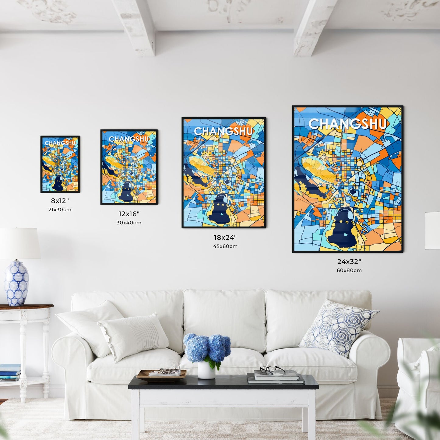 CHANGSHU CHINA Vibrant Colorful Art Map Poster Blue Orange