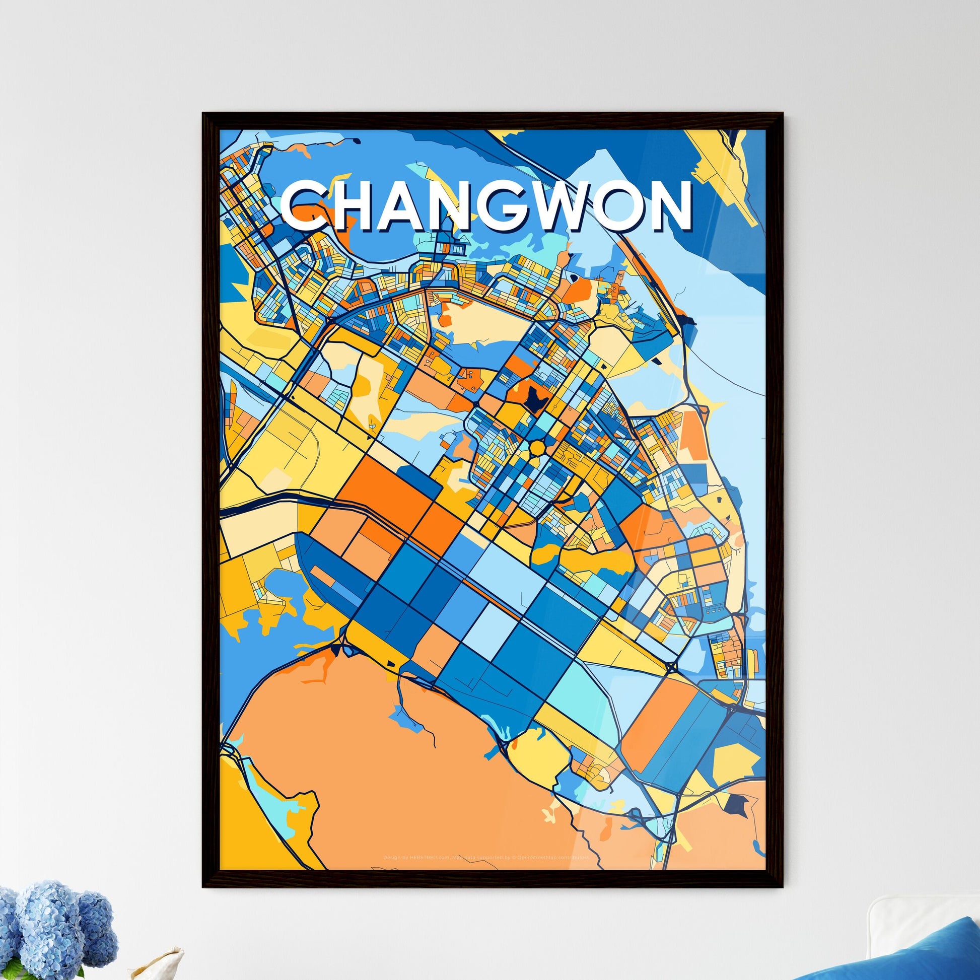 CHANGWON SOUTH KOREA Vibrant Colorful Art Map Poster Blue Orange