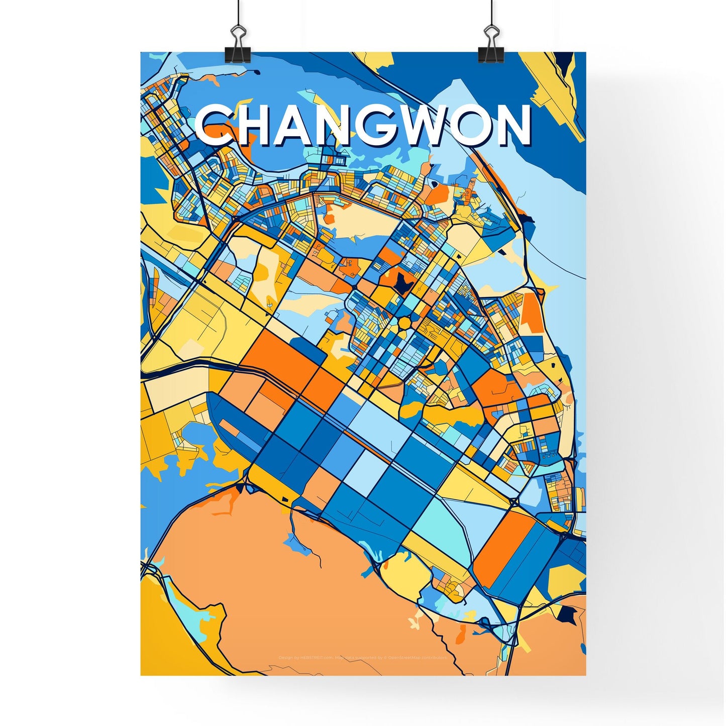 CHANGWON SOUTH KOREA Vibrant Colorful Art Map Poster Blue Orange