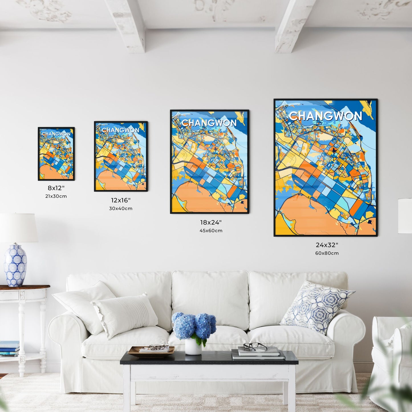 CHANGWON SOUTH KOREA Vibrant Colorful Art Map Poster Blue Orange