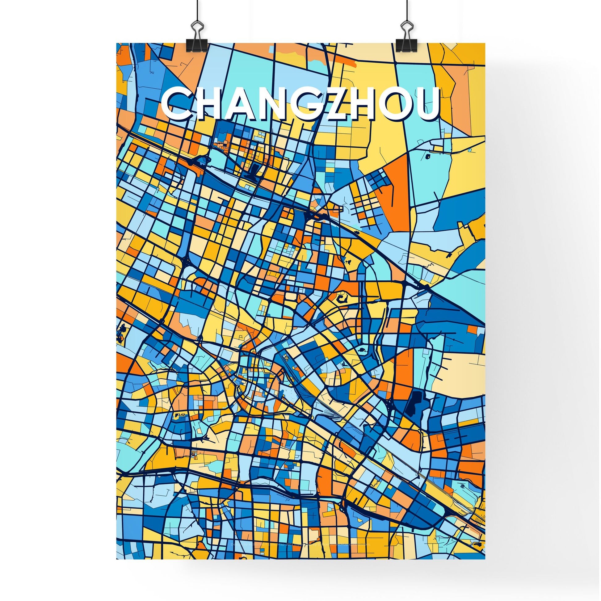 CHANGZHOU CHINA Vibrant Colorful Art Map Poster Blue Orange