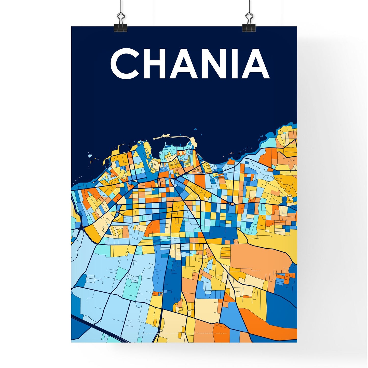 CHANIA GREECE Vibrant Colorful Art Map Poster Blue Orange