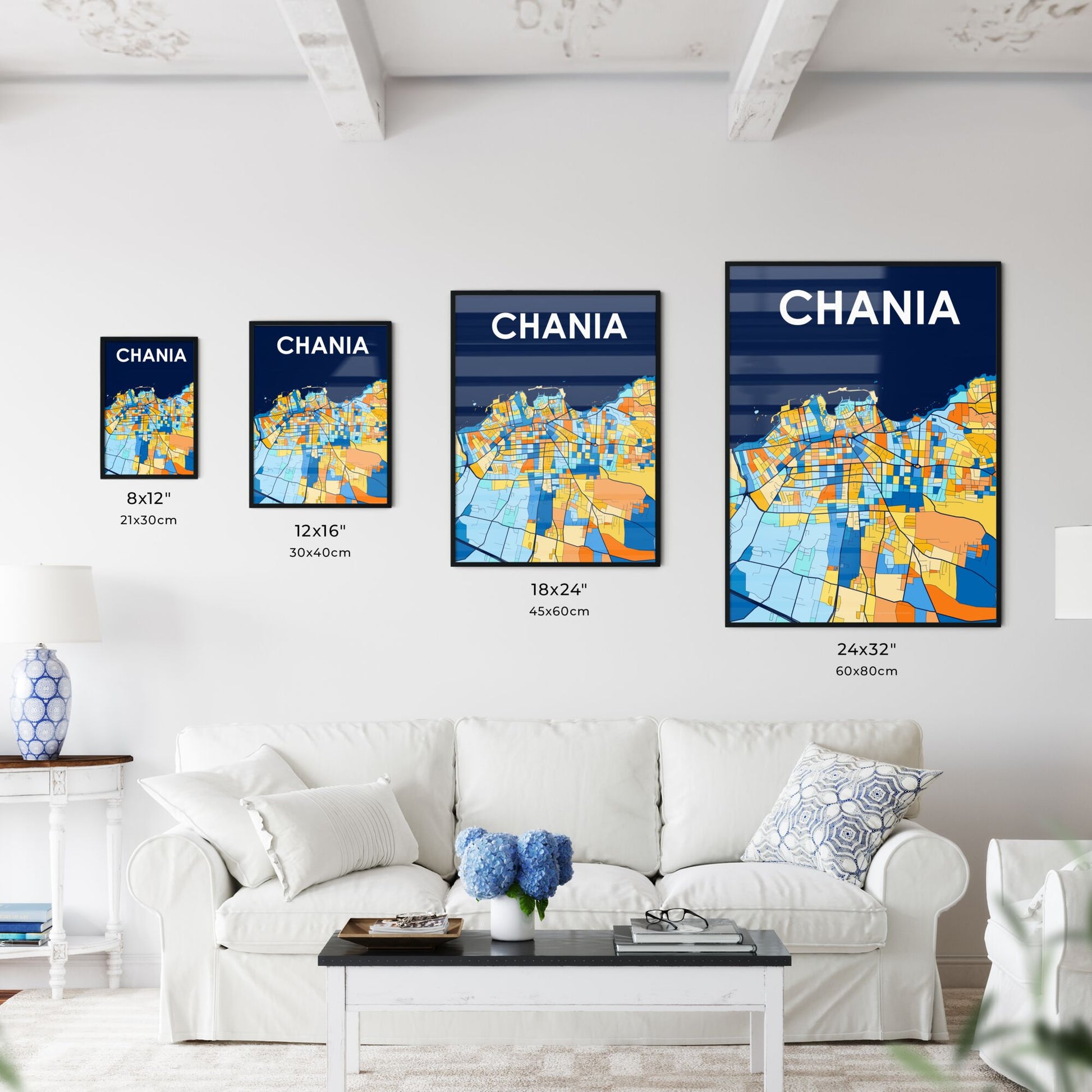 CHANIA GREECE Vibrant Colorful Art Map Poster Blue Orange