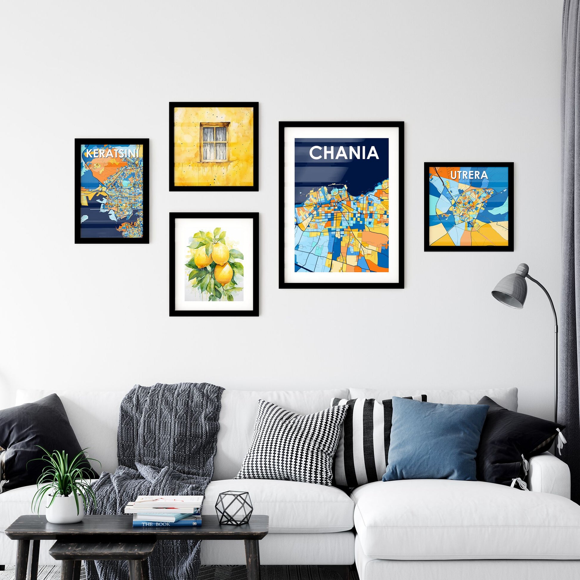 CHANIA GREECE Vibrant Colorful Art Map Poster Blue Orange