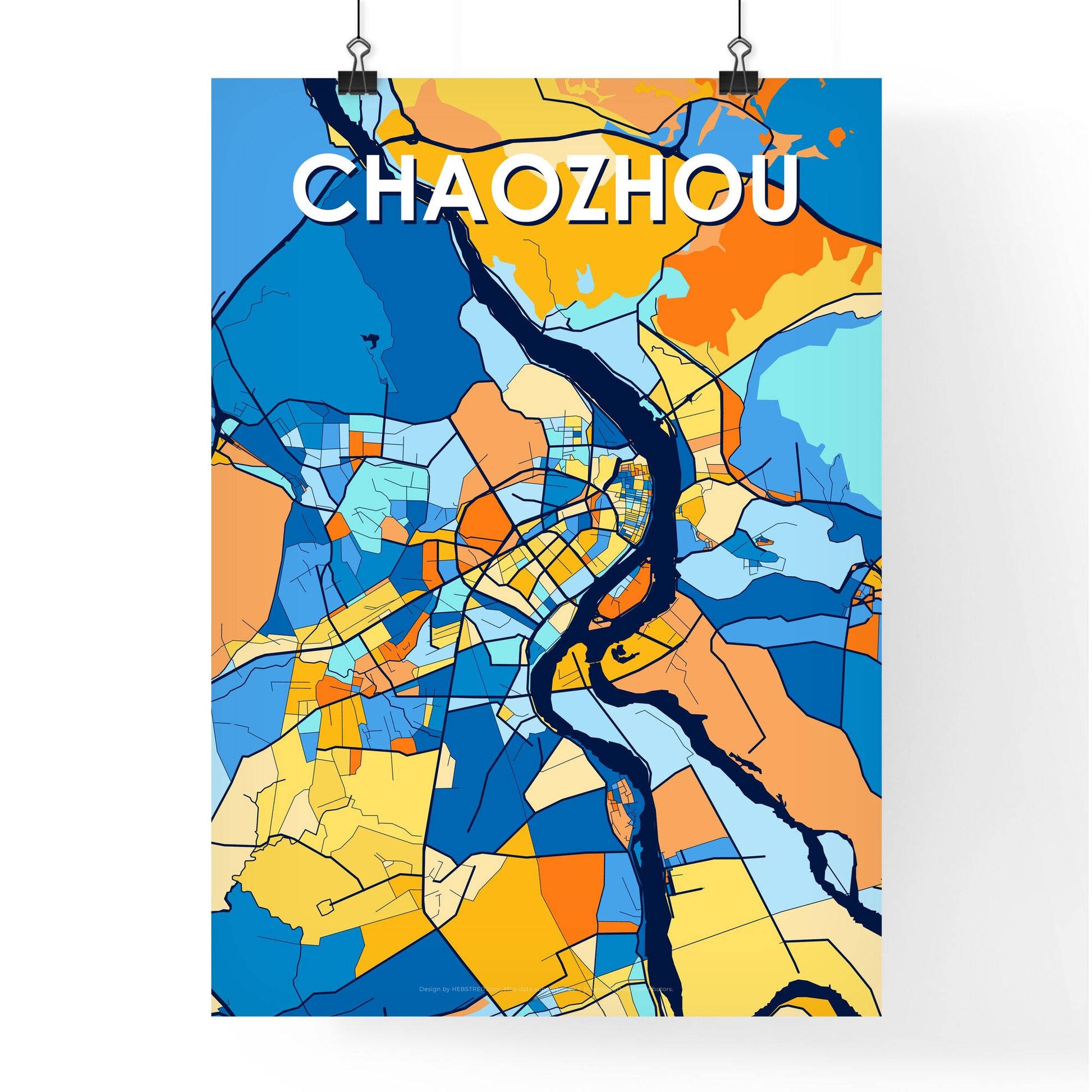 CHAOZHOU CHINA Vibrant Colorful Art Map Poster Blue Orange