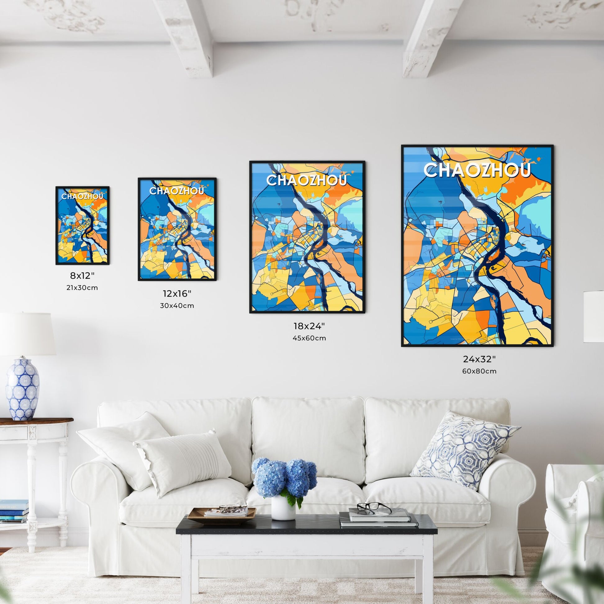 CHAOZHOU CHINA Vibrant Colorful Art Map Poster Blue Orange