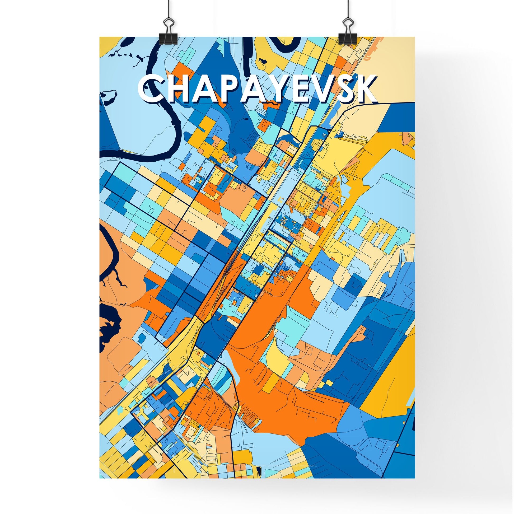 CHAPAYEVSK RUSSIA Vibrant Colorful Art Map Poster Blue Orange