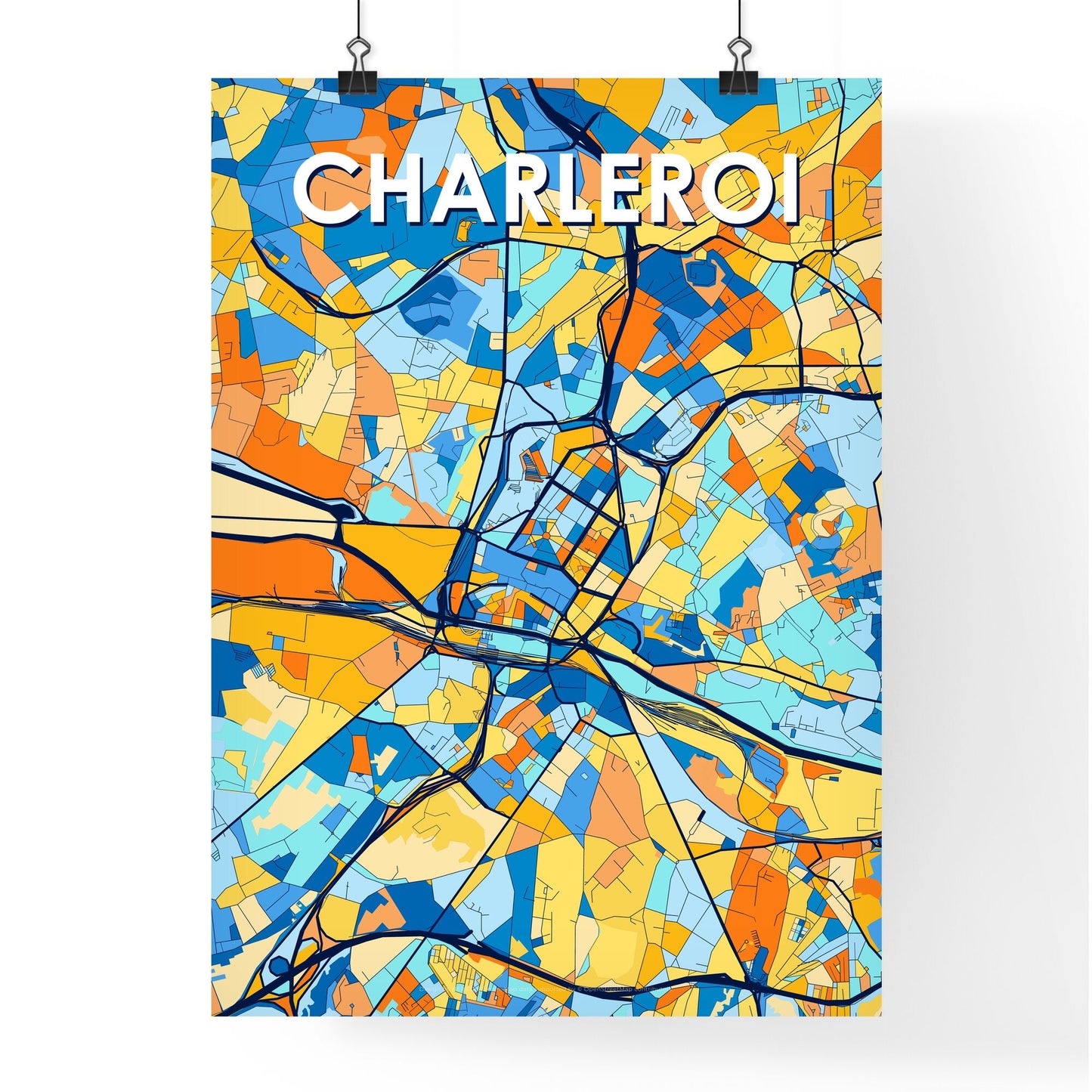 CHARLEROI BELGIUM Vibrant Colorful Art Map Poster Blue Orange