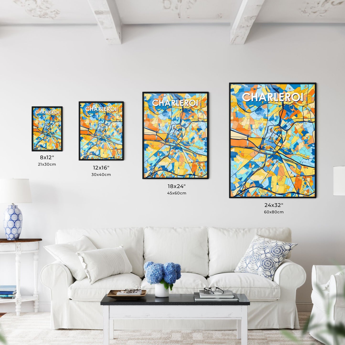 CHARLEROI BELGIUM Vibrant Colorful Art Map Poster Blue Orange