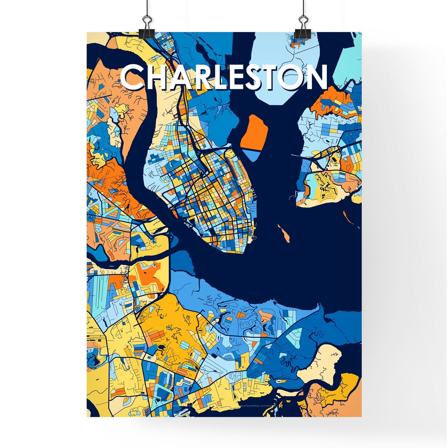 CHARLESTON SOUTH CAROLINA Vibrant Colorful Art Map Poster Blue Orange